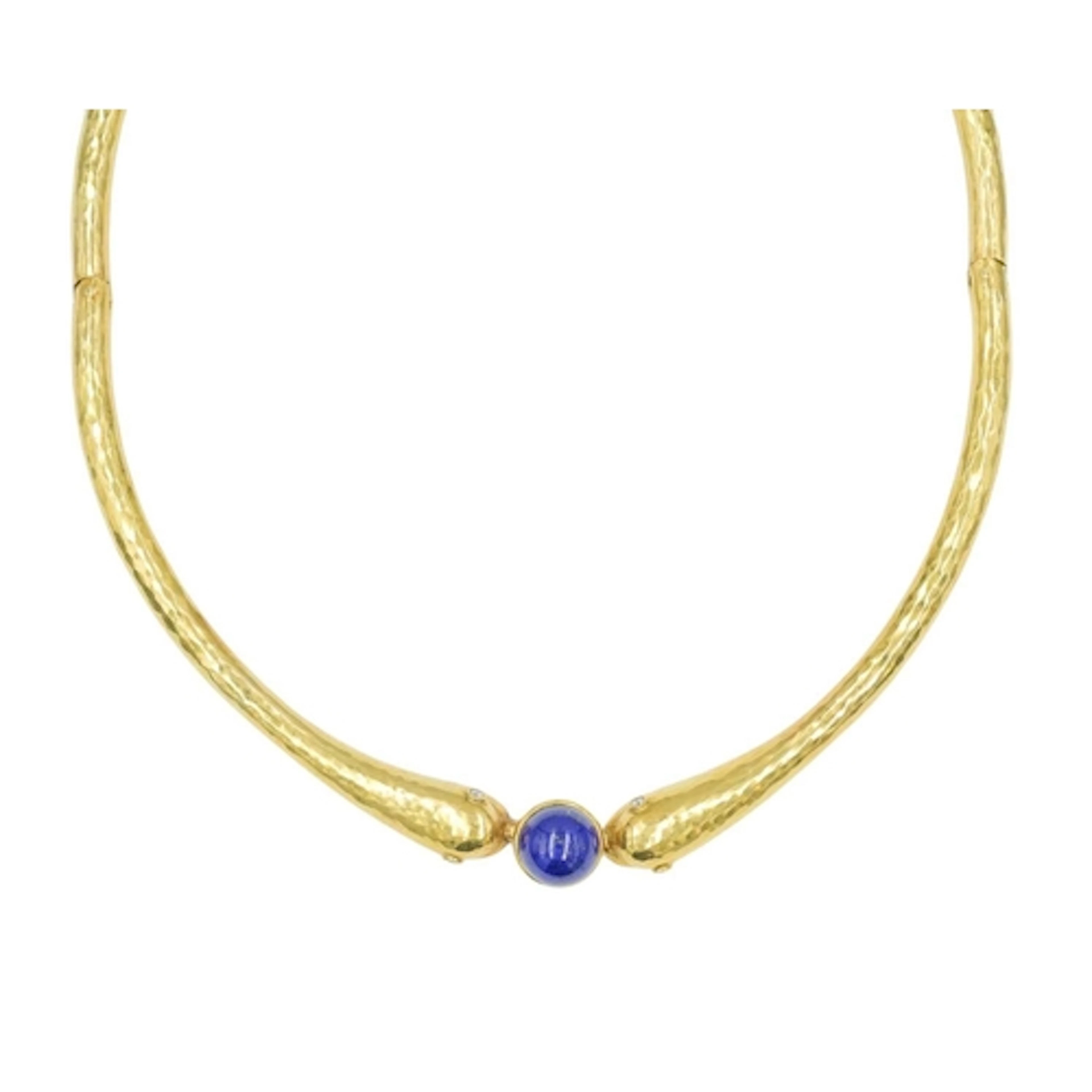A modern high-purity gold choker, set with lapis lazuli and ...