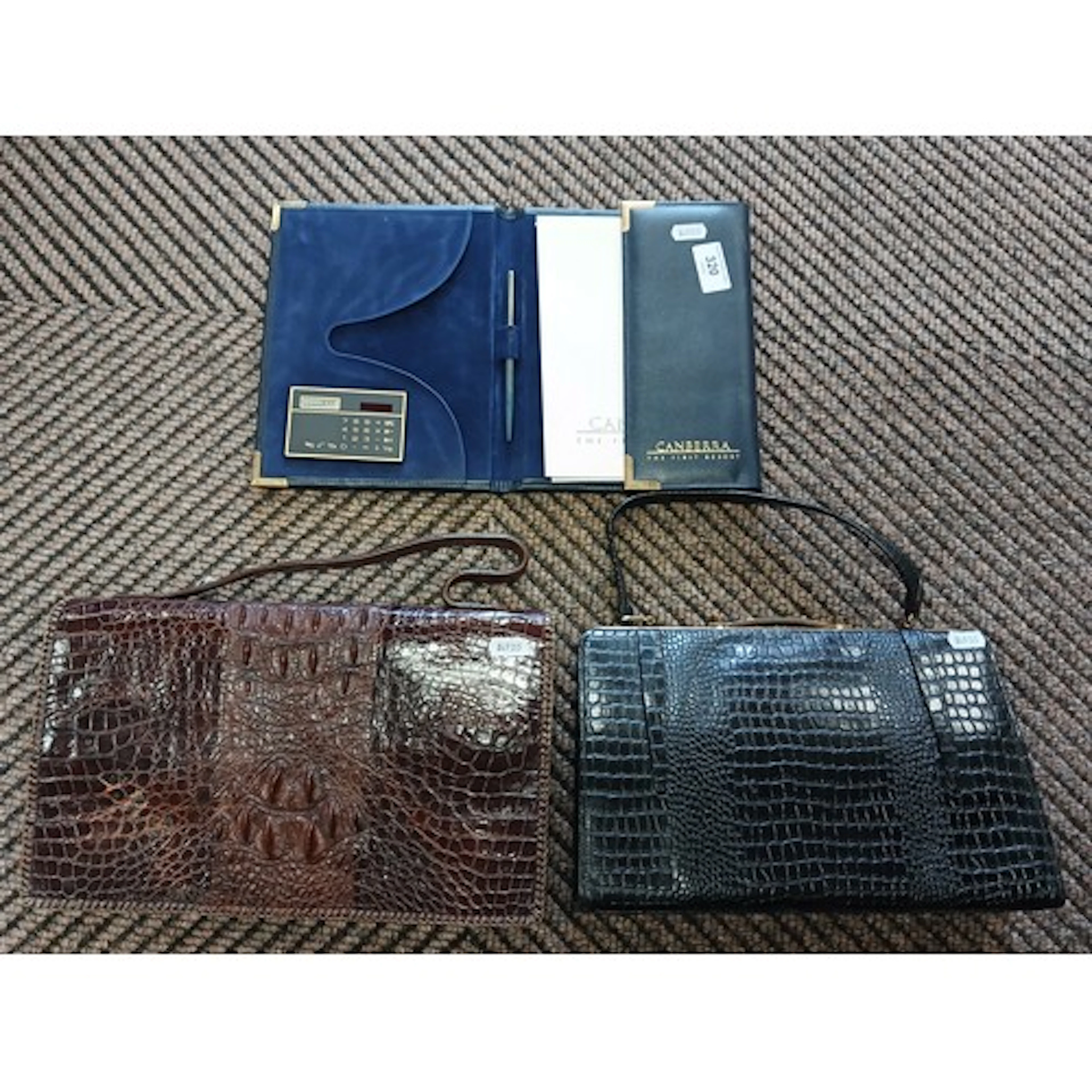 Two vintage ladies handbags and a Canberra First resort blot...
