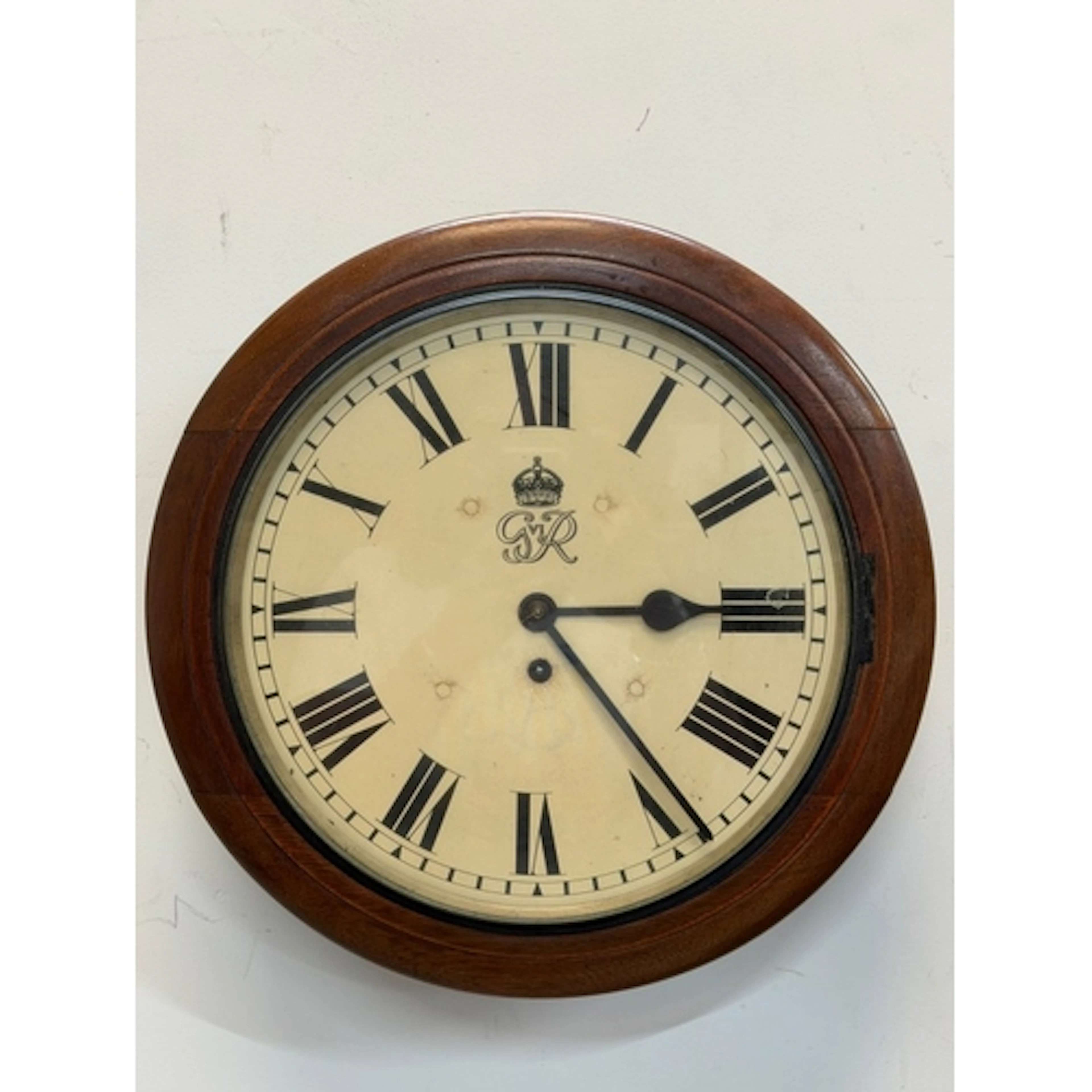 British single fusee dial wall clock featuring the Royal Cyp...