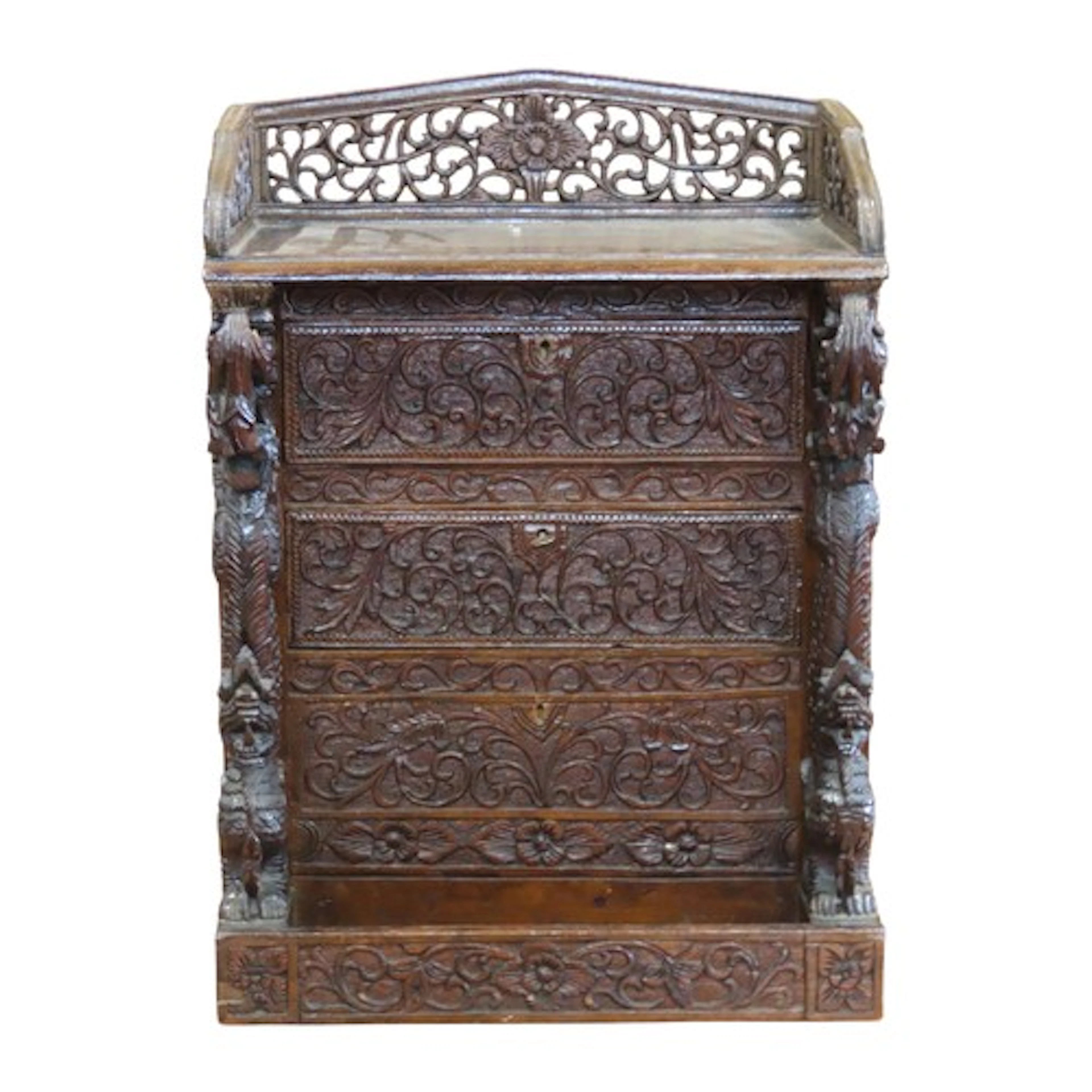 A small antique carved Anglo Indian table top chest of three...