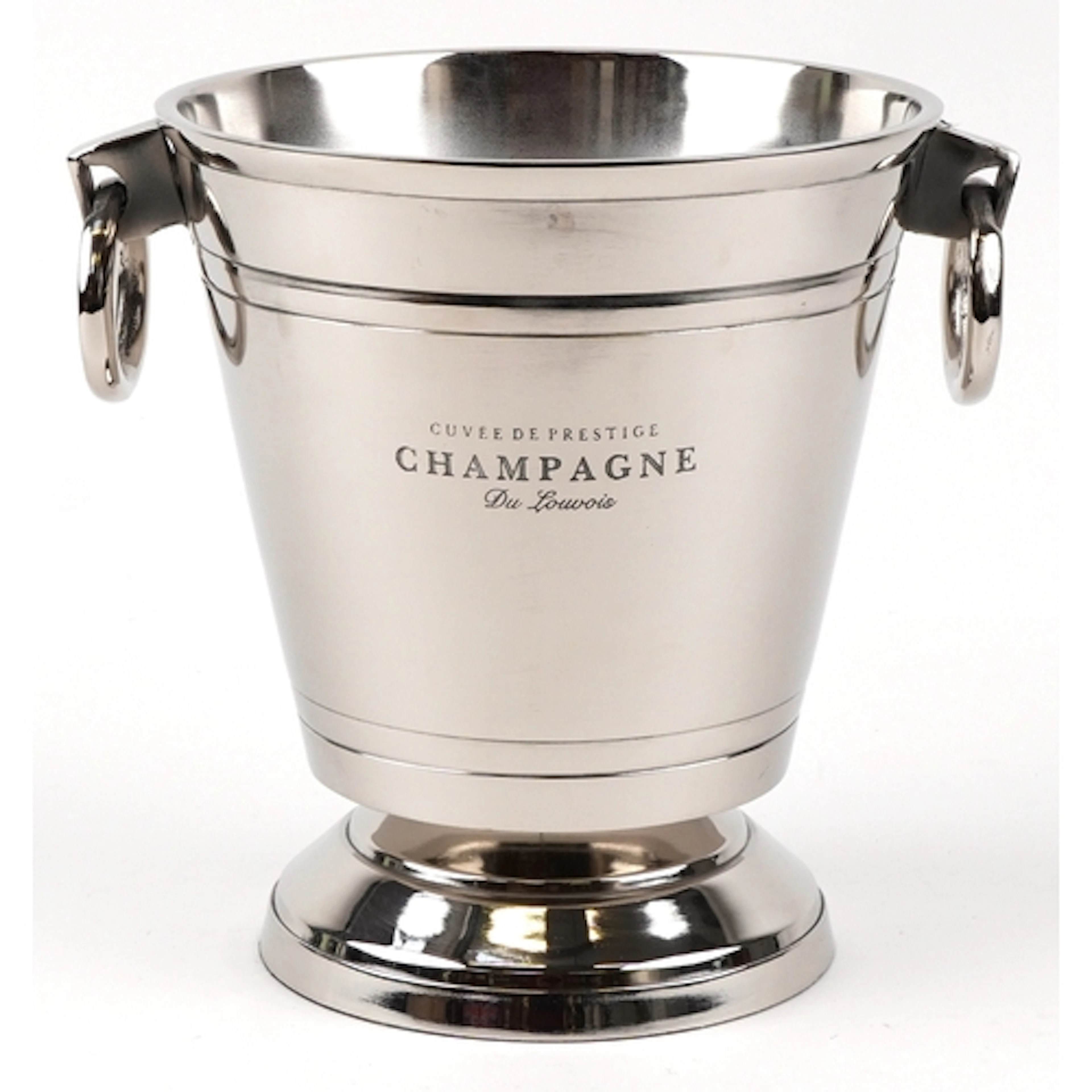 Du Louvois design chromed ice bucket with ring handles, 28.5...
