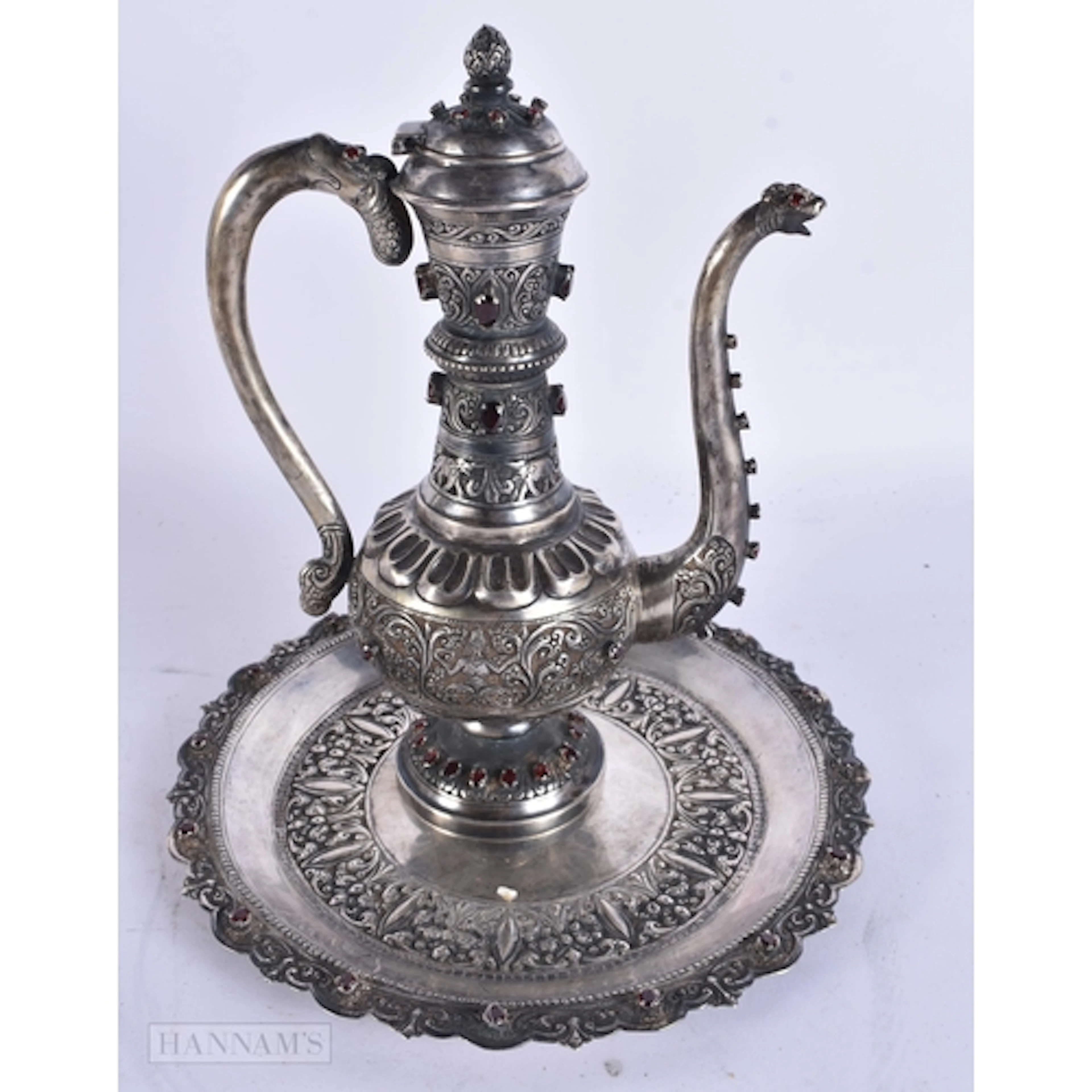 AN ANTIQUE PERSIAN ISLAMIC SILVER JEWELLED EWER ON STAND. 61...