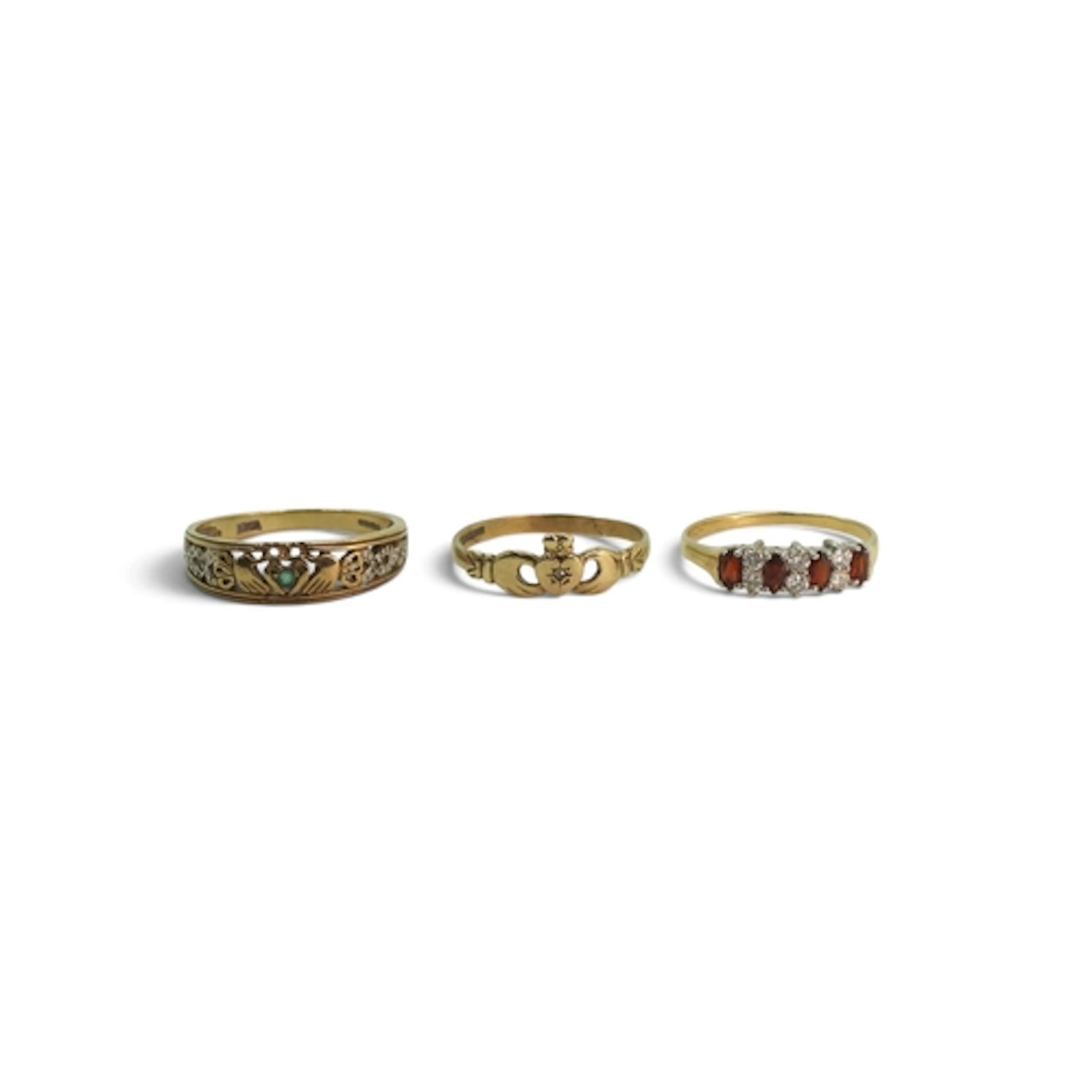 Two 9ct gold Claddagh rings, diamond accent size N, emerald ...
