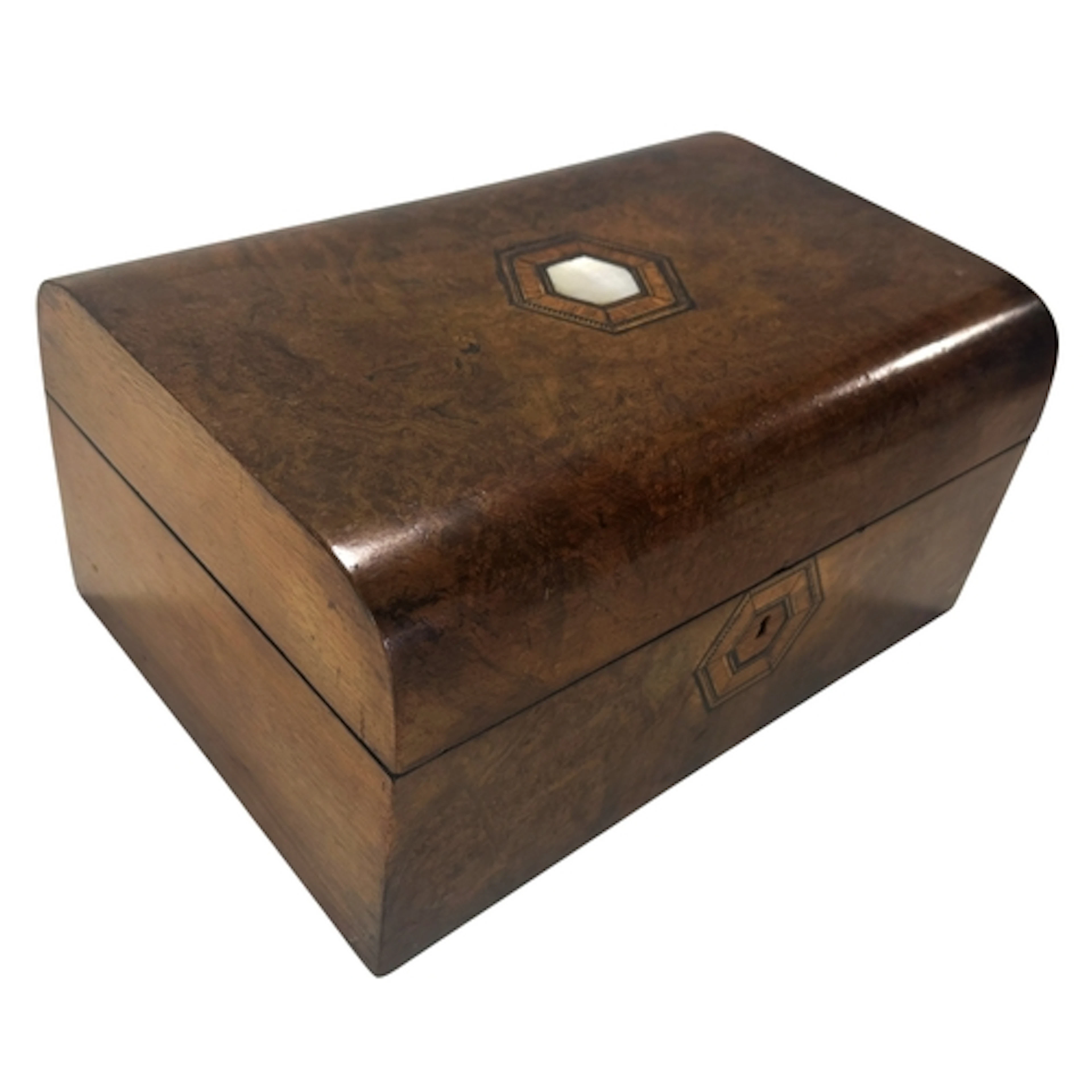 A Victorian mother of pearl inlaid burr walnut sewing box, 2...