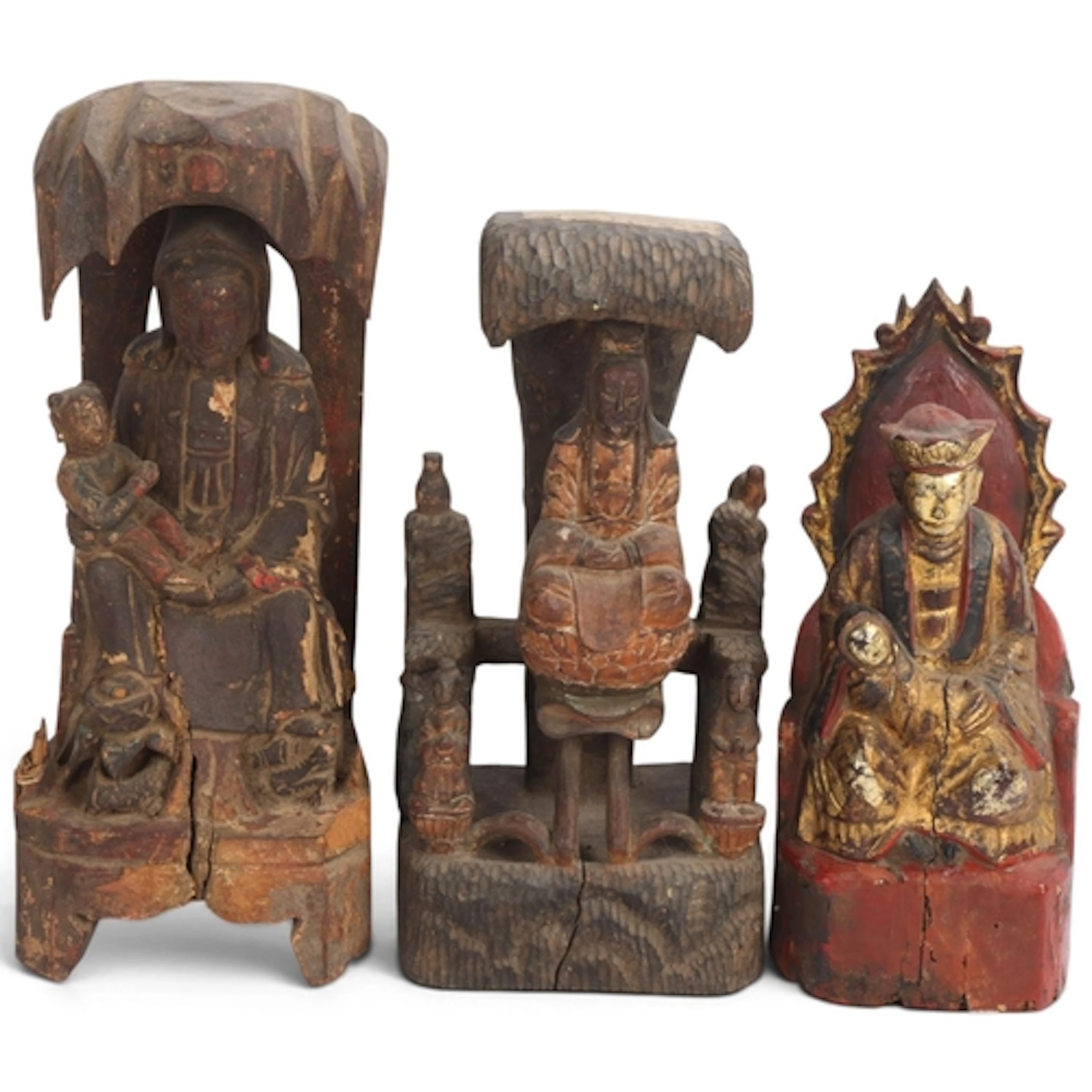3 Chinese carved and painted wood shrine figures, largest he...