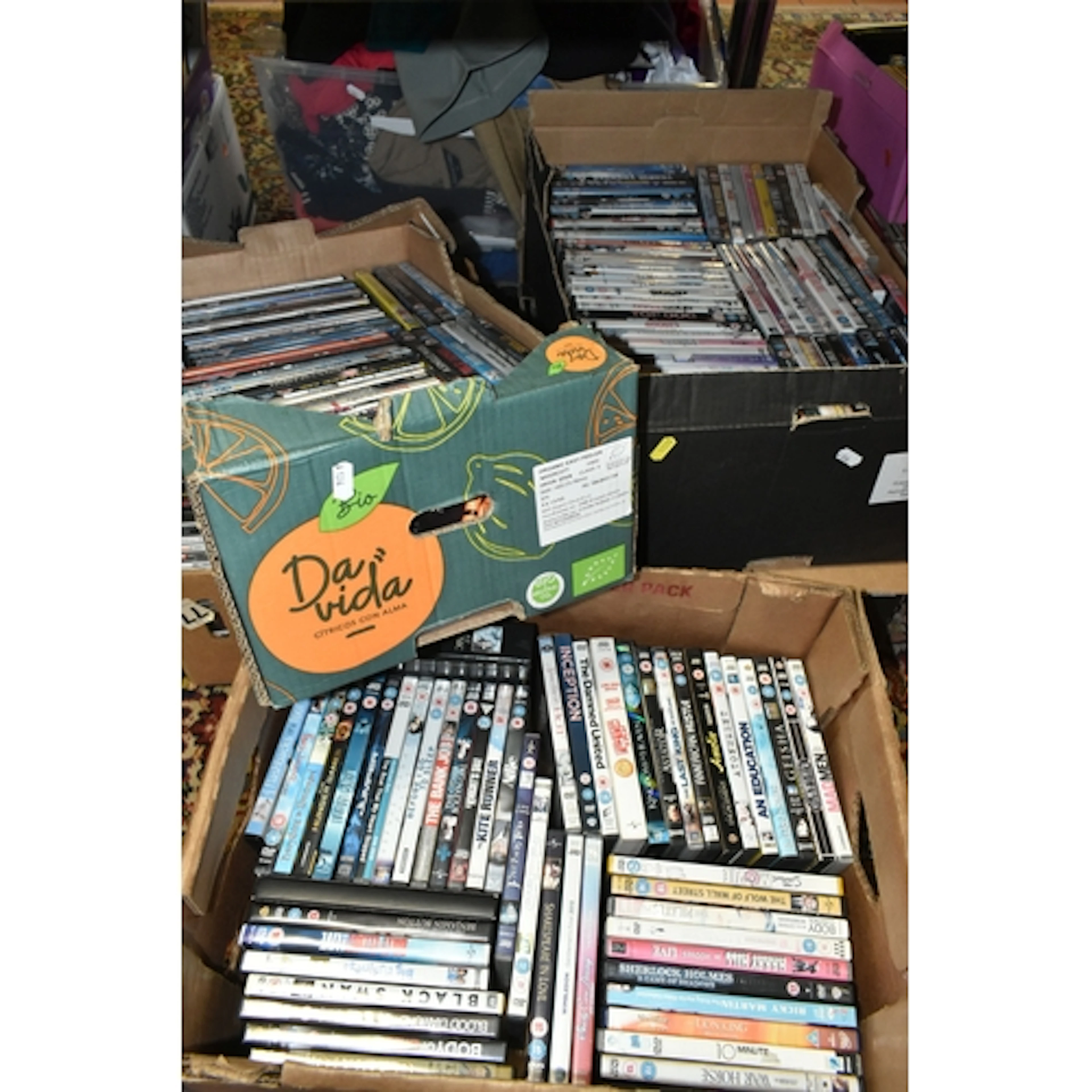SIX BOXES OF MAINLY DVDS & CDS, DVDs to include titles such ...