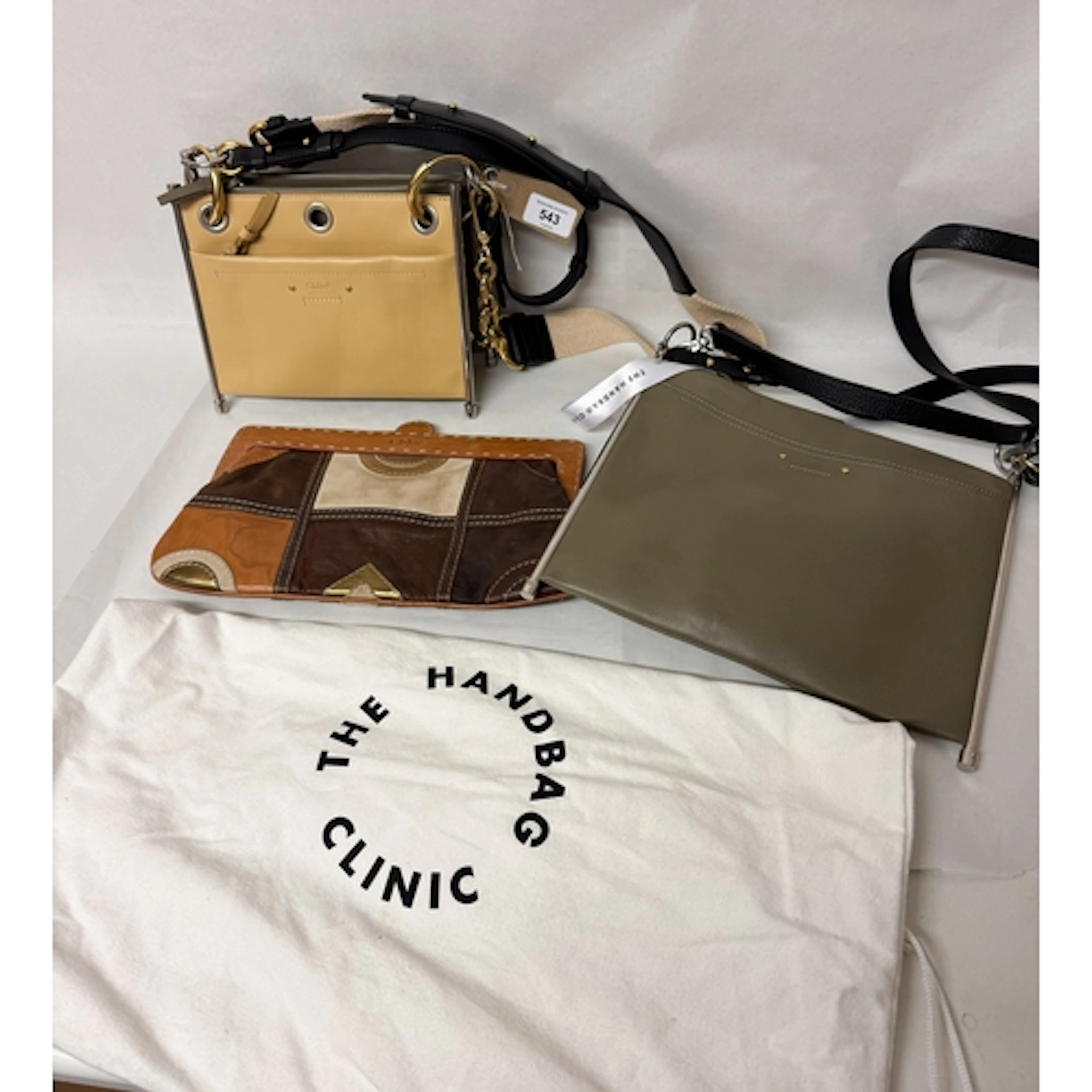 A Chloe vintage brown leather patchwork clutch bag together ...