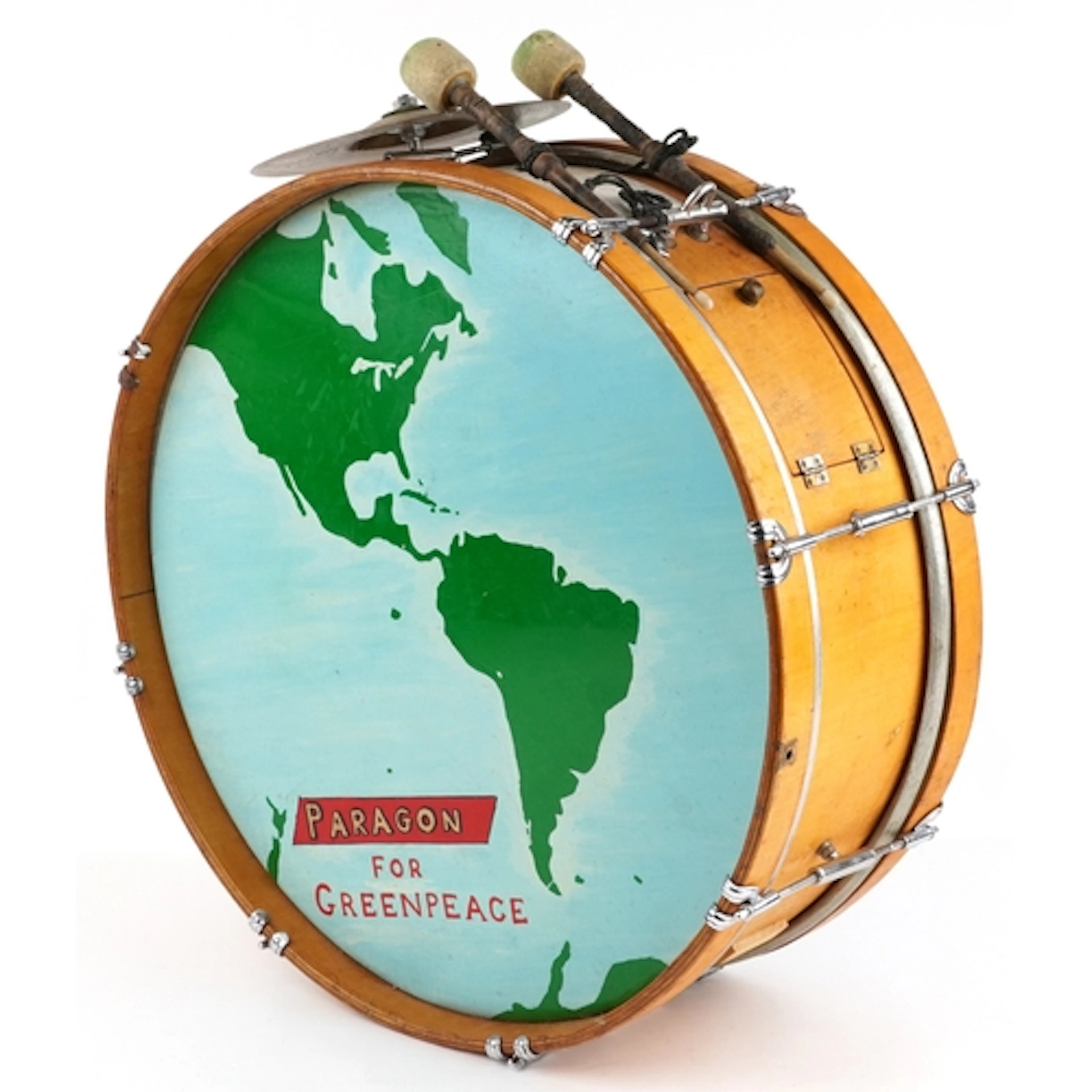 A vintage marching drum with cymbal hand painted with Parago...