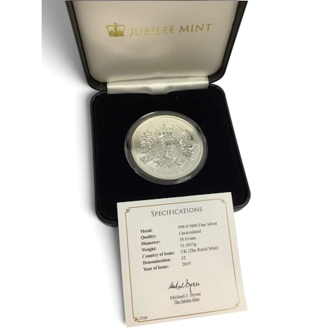 2019 Fine Silver One Ounce Royal Arms £2 Coin, cased with a ...