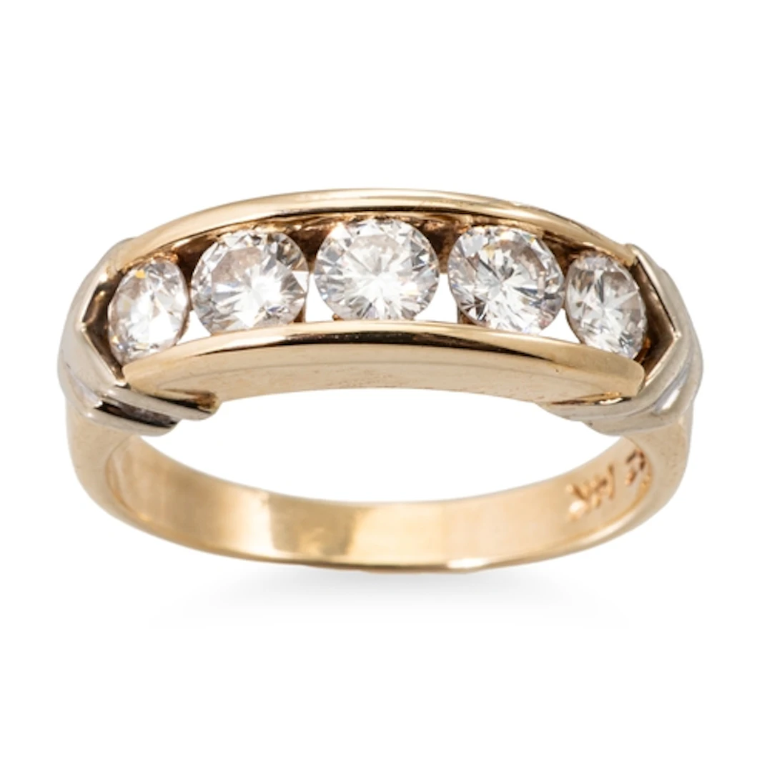 A DIAMOND FIVE STONE RING, mounted in 14ct gold. Estimated: ...