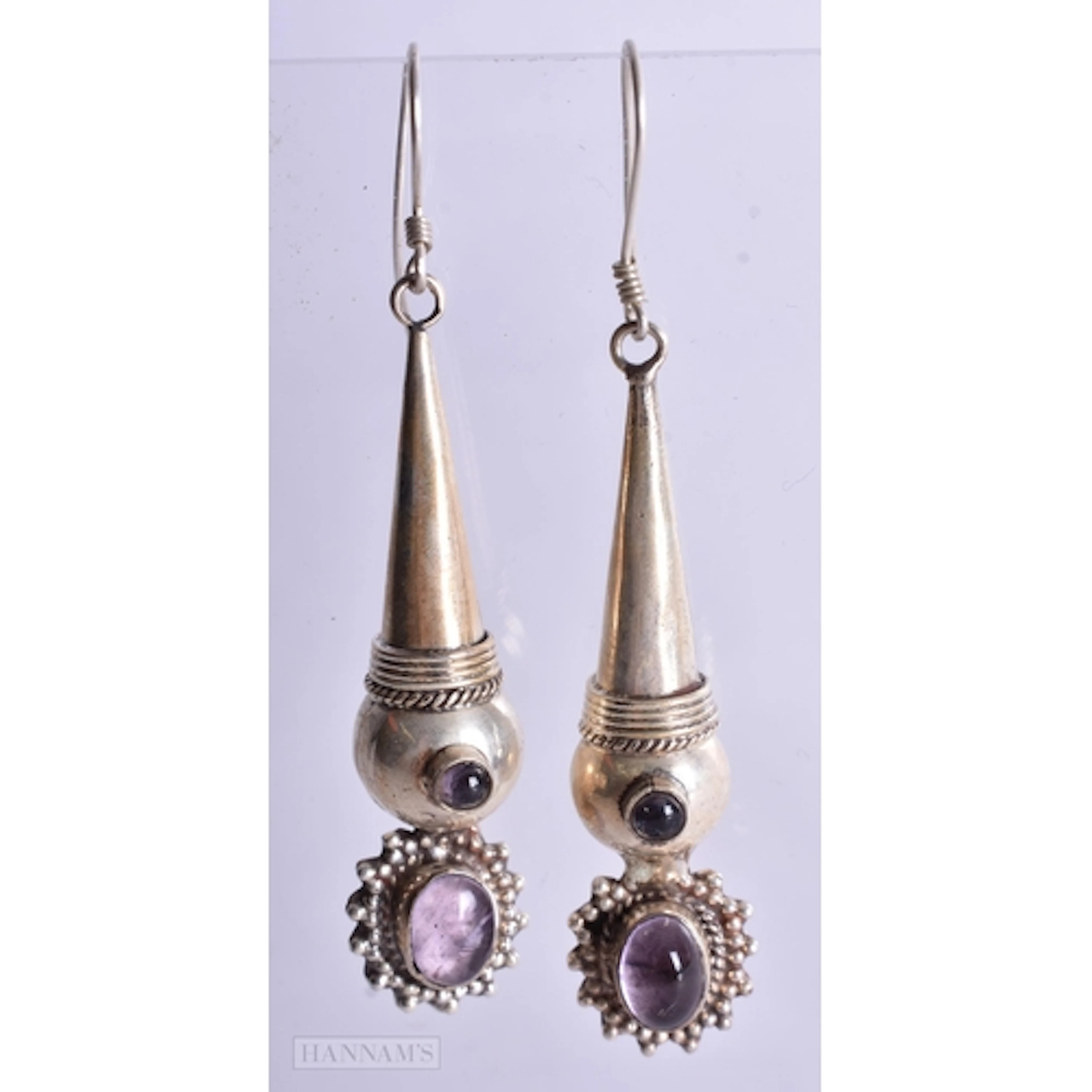 A Pair of Silver and Amethyst Earrings. Stamped 925. 4.5cm...