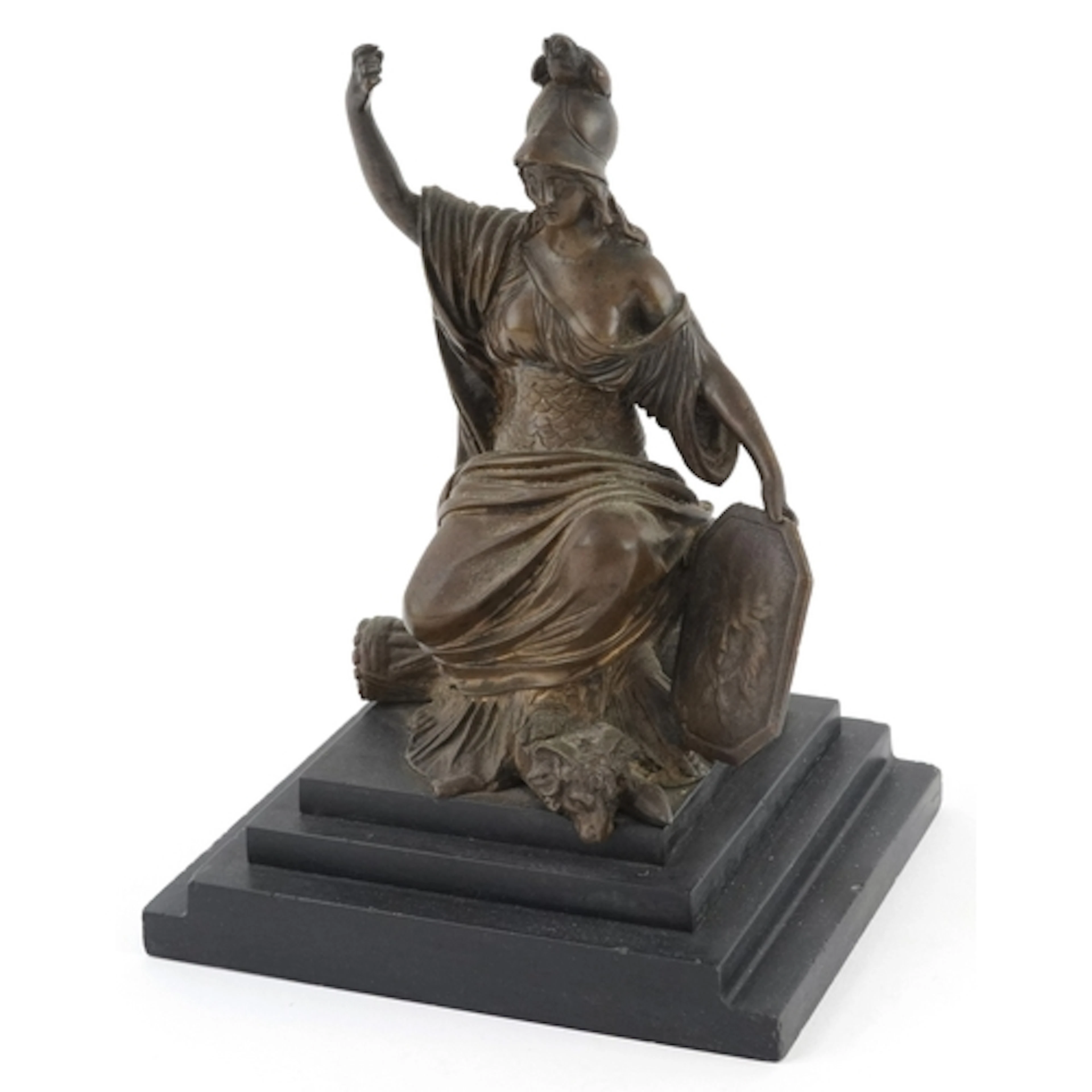 Patinated bronze study of seated Athena raised on a stepped ...
