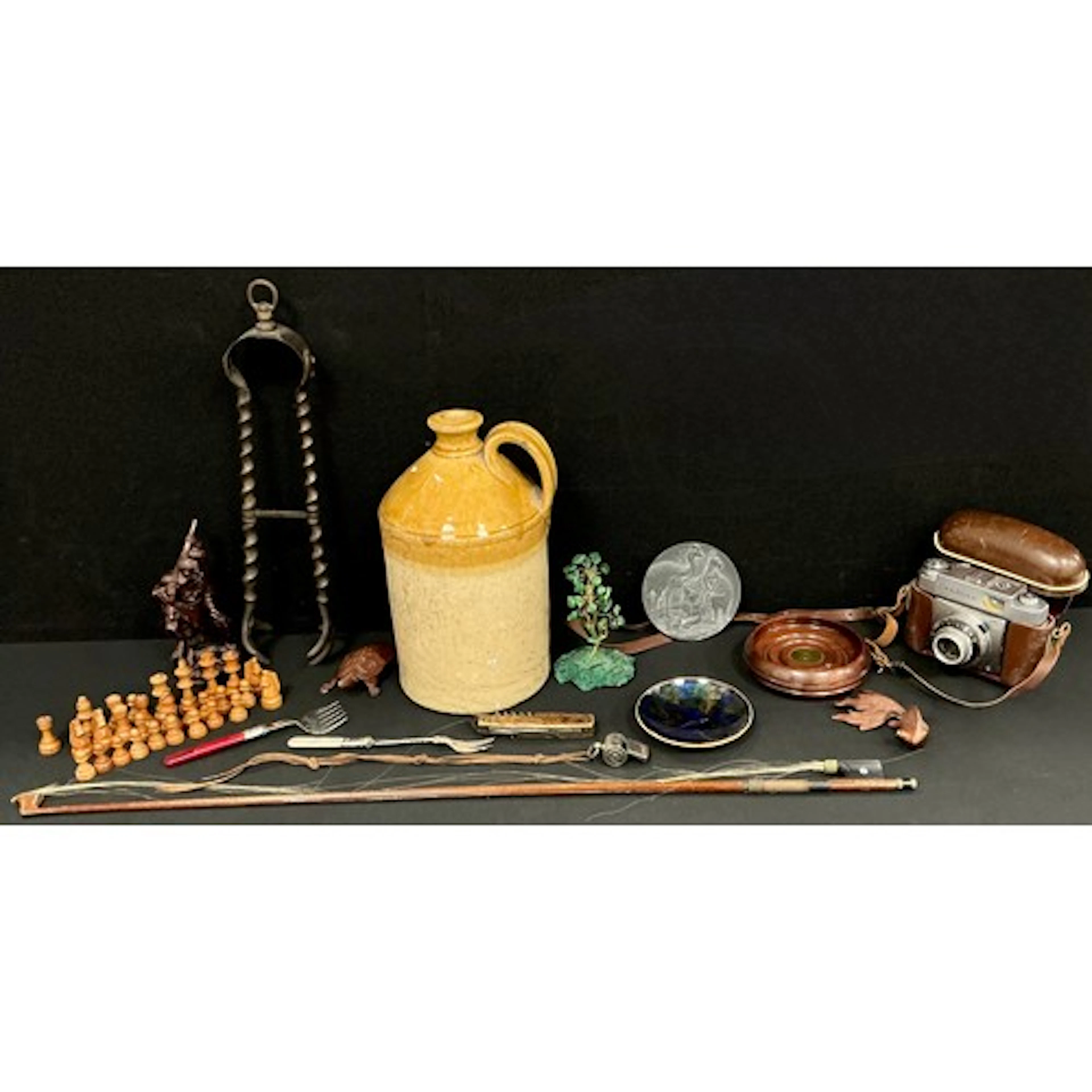 Boxes & Objects - a 19th century violin bow; chess pieces; p...