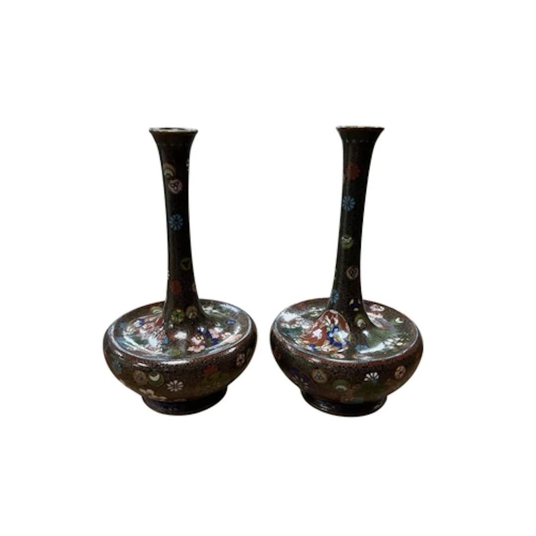 A pair of Japanese cloisonne bottle vases, Meiji period, 15c...