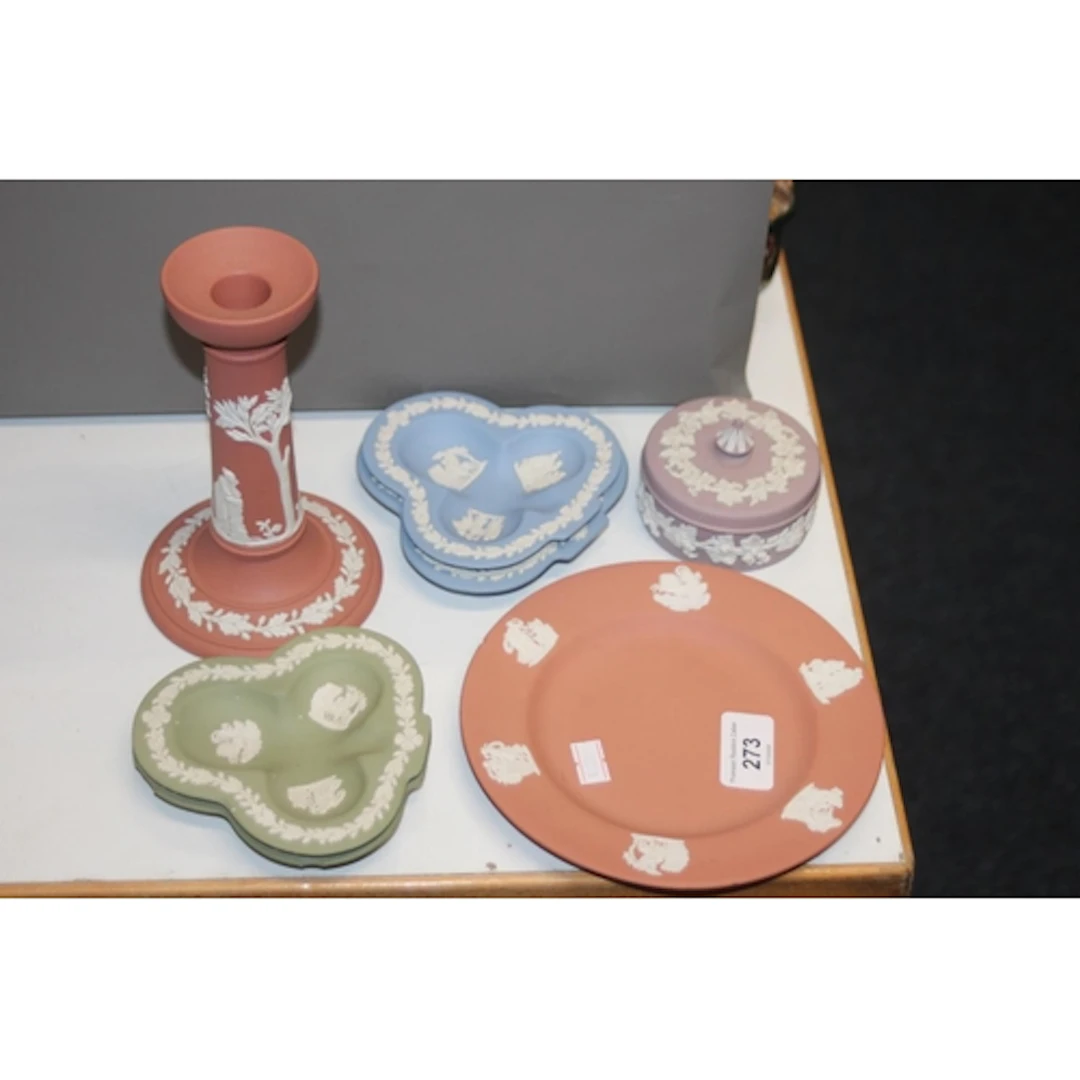 Wedgwood jasperware candlestick, pin dishes, etc.