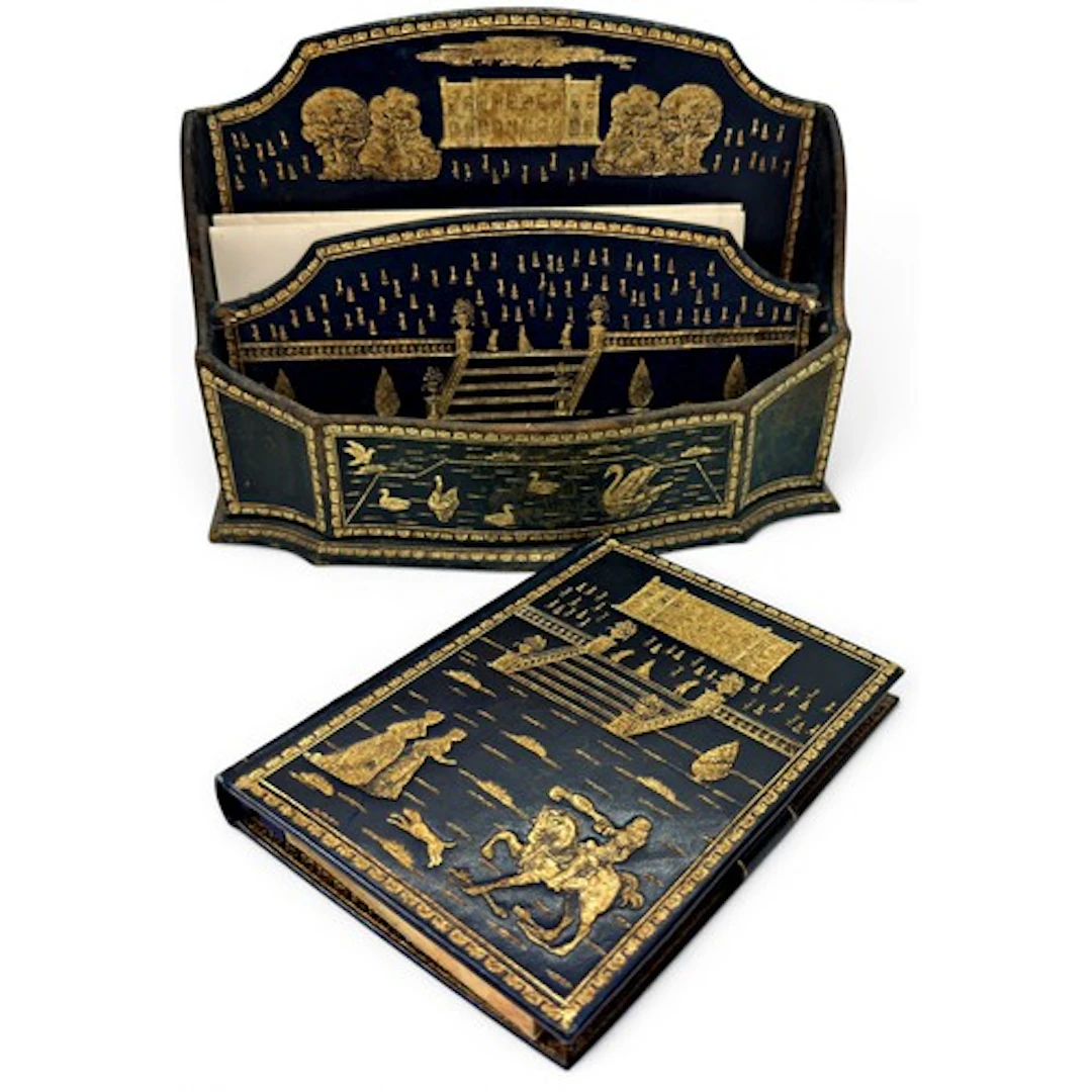 A French tooled and gilt blue leather desk letter stand in t...