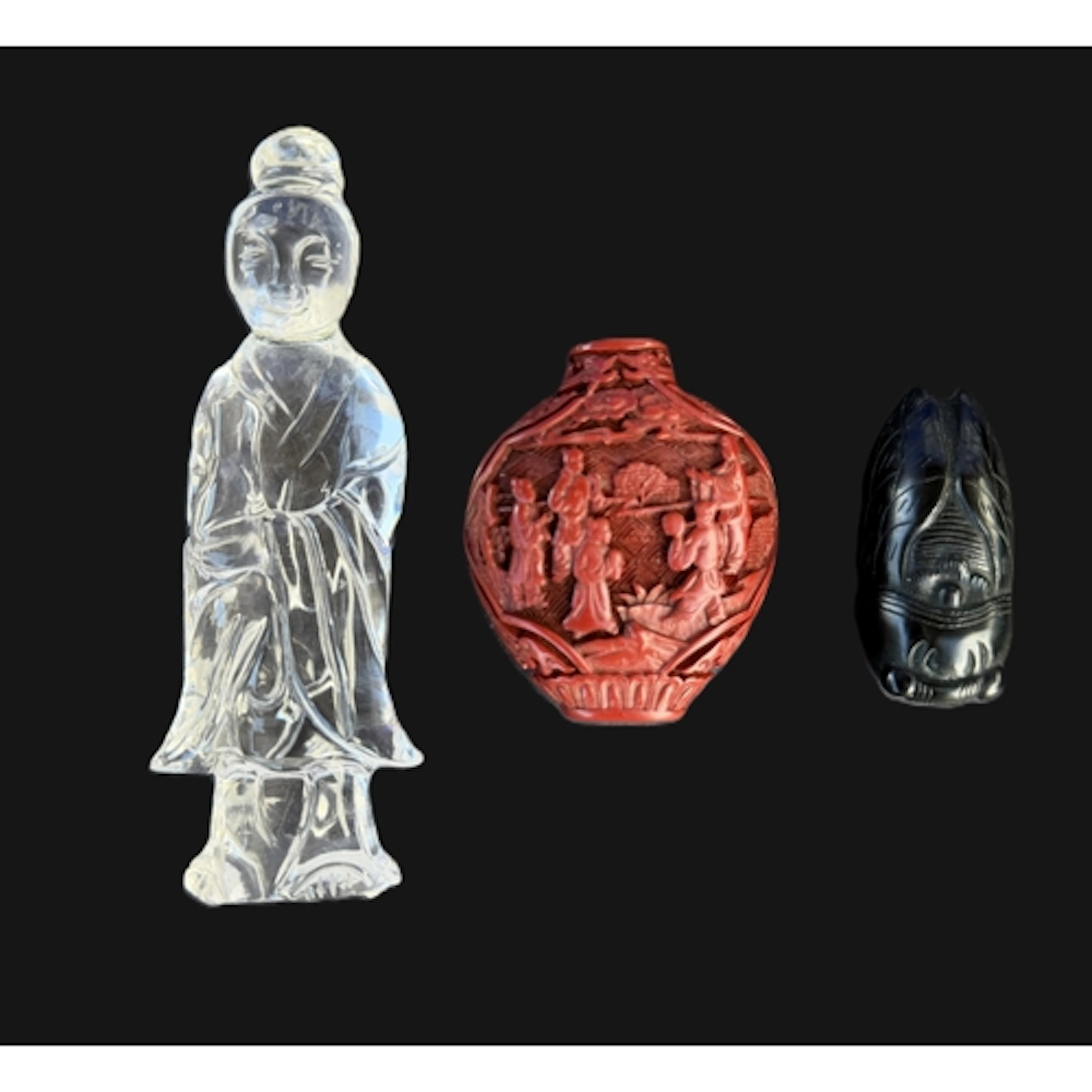 A Chinese carved dark green glass cicada, 6cm; a carved cinn...