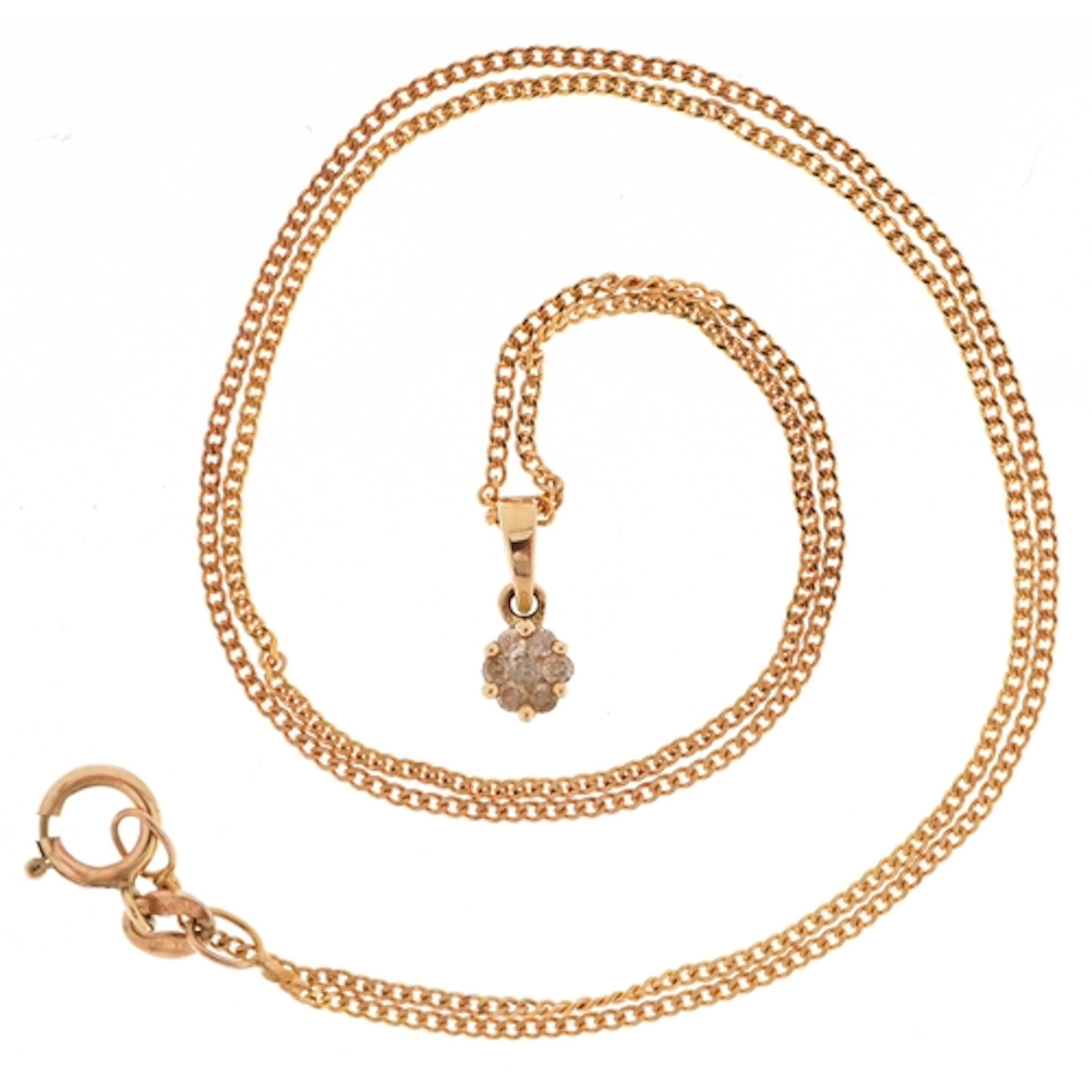 9ct gold diamond cluster pendant on a 9ct gold necklace, 1cm...