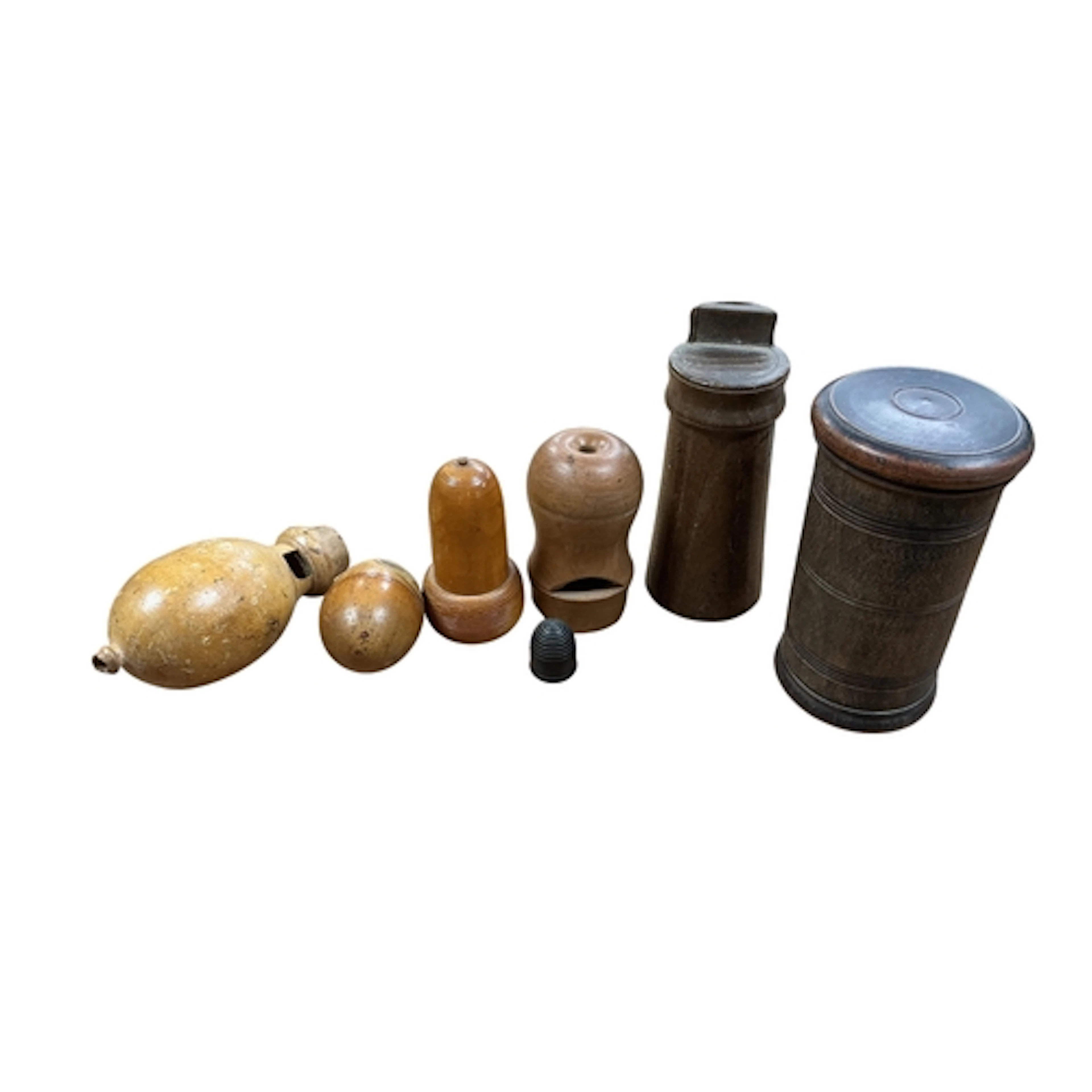Six pieces of Victorian treen to comprising three bird calle...