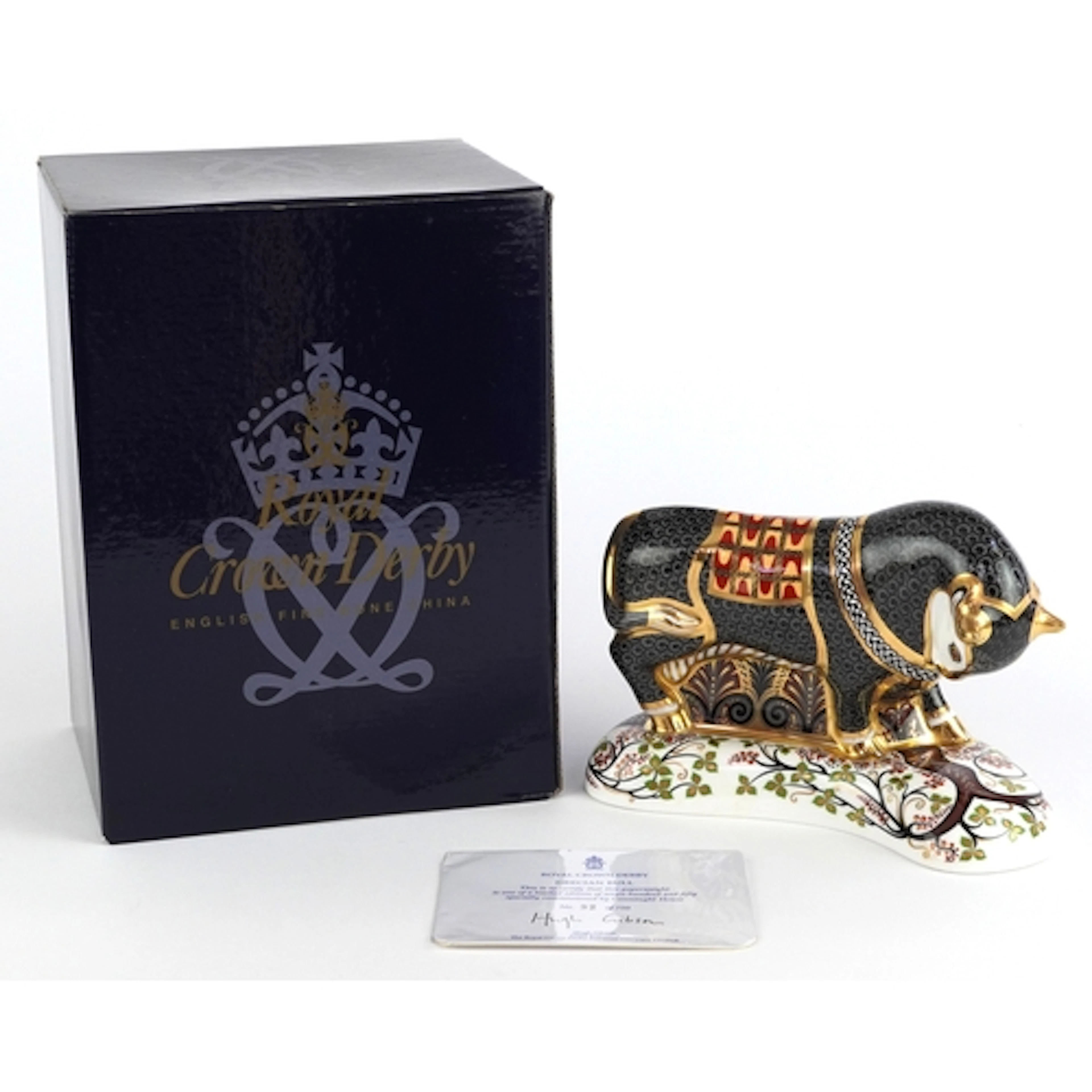 Royal Crown Derby Grecian Bull paperweight, gold coloured st...