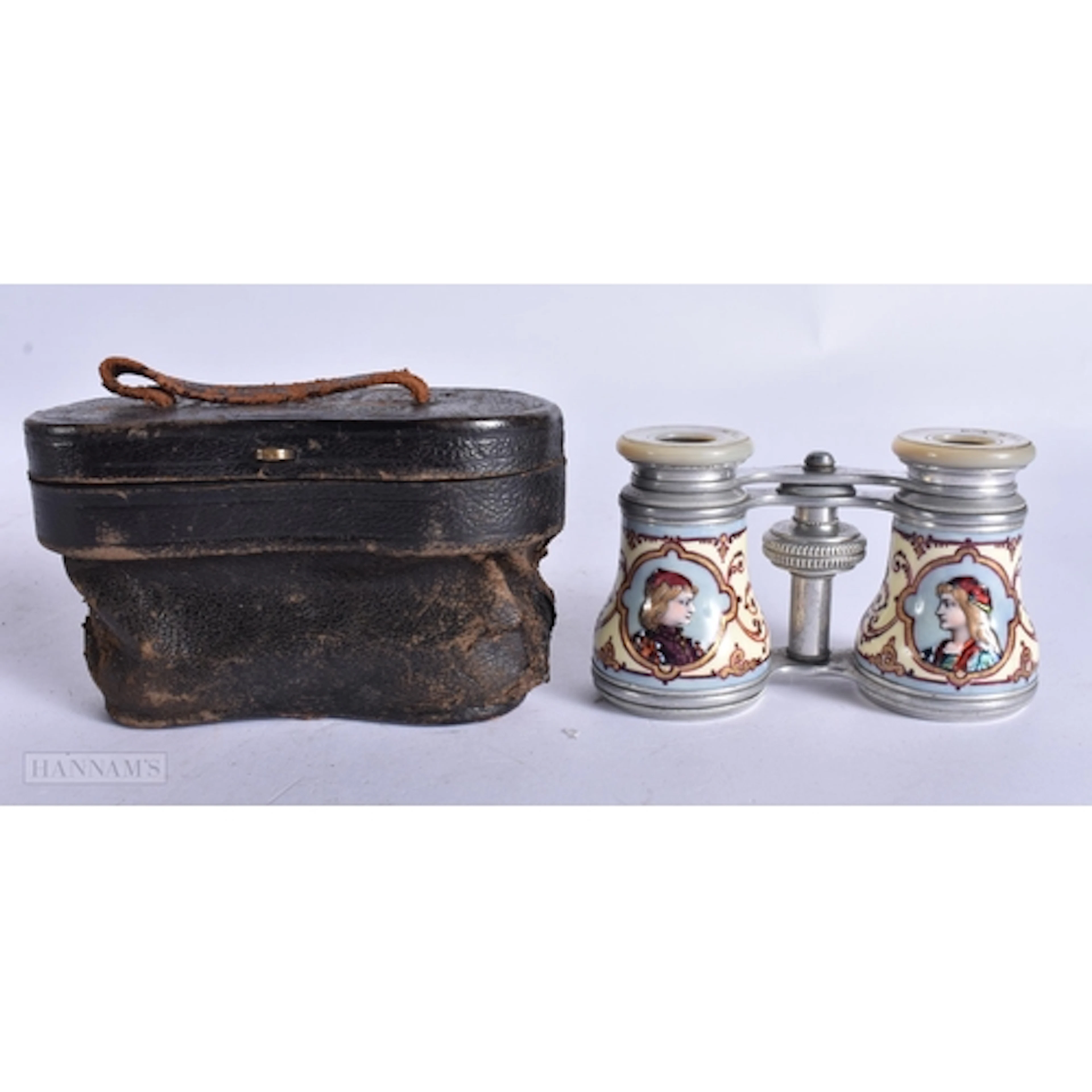 A PAIR OF ANTIQUE FRENCH LIMOGES ENAMEL OPERA GLASSES. 12 cm...