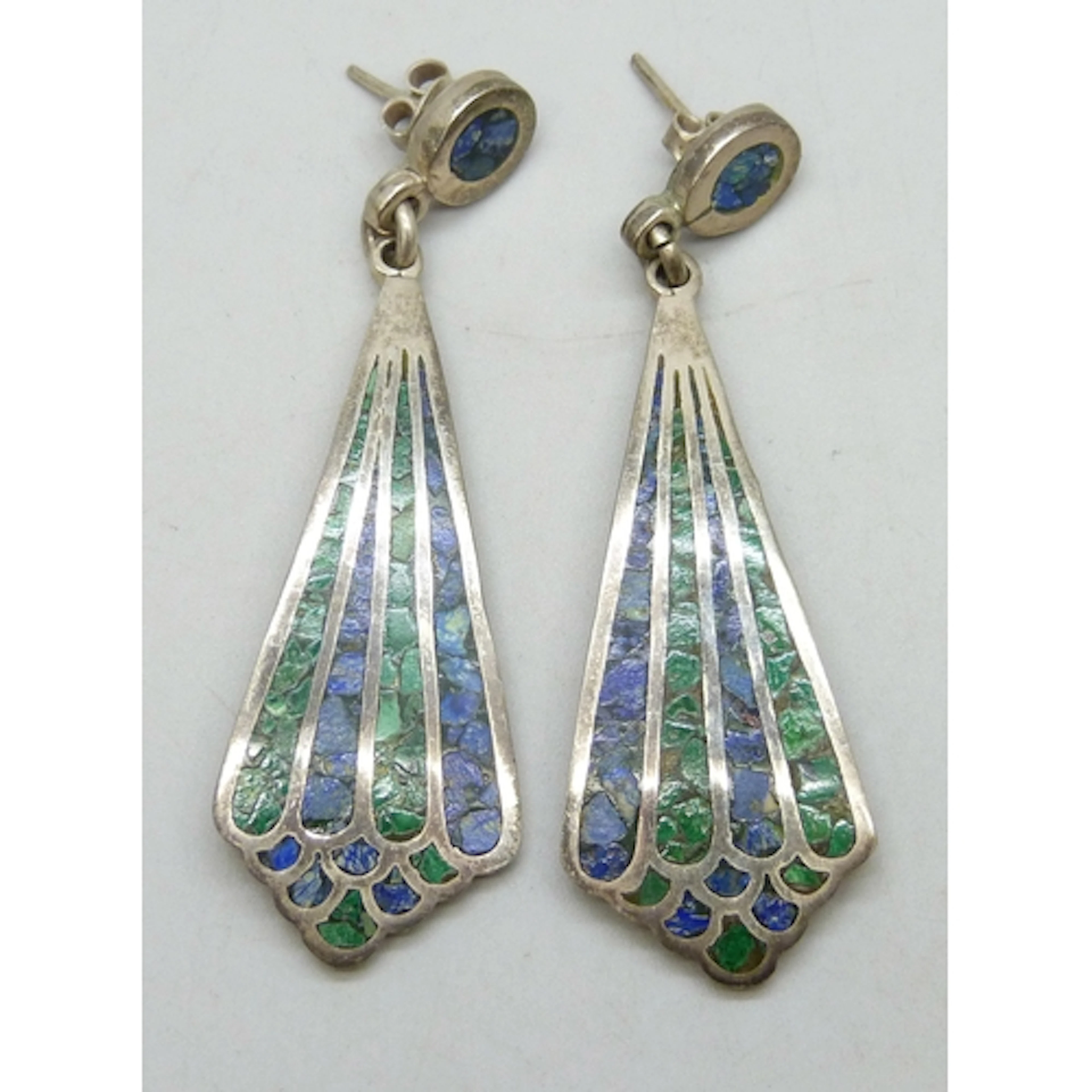 A large pair of Mexican silver malachite and azurite earring...
