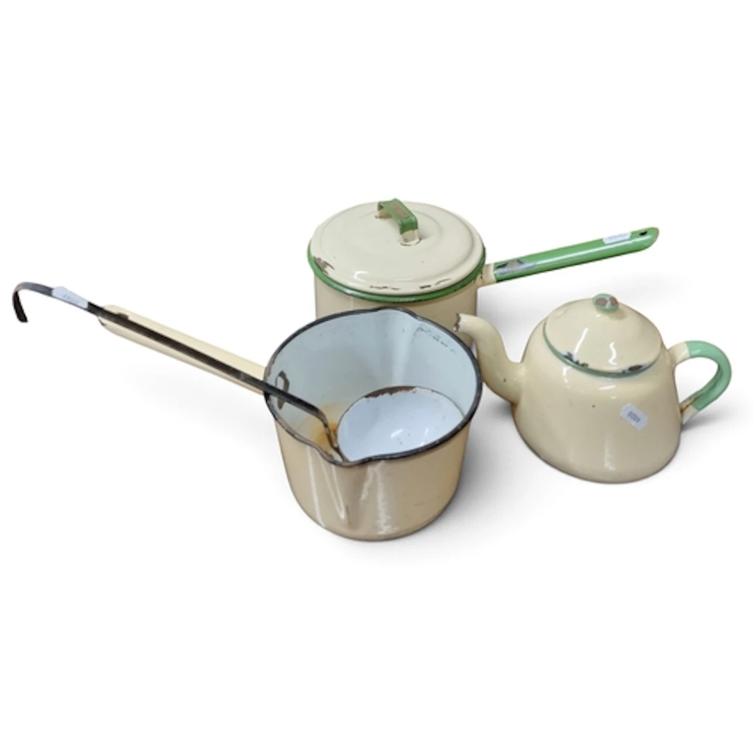 Four pieces of Vintage Enamel Kitchenalia to include a Judge...