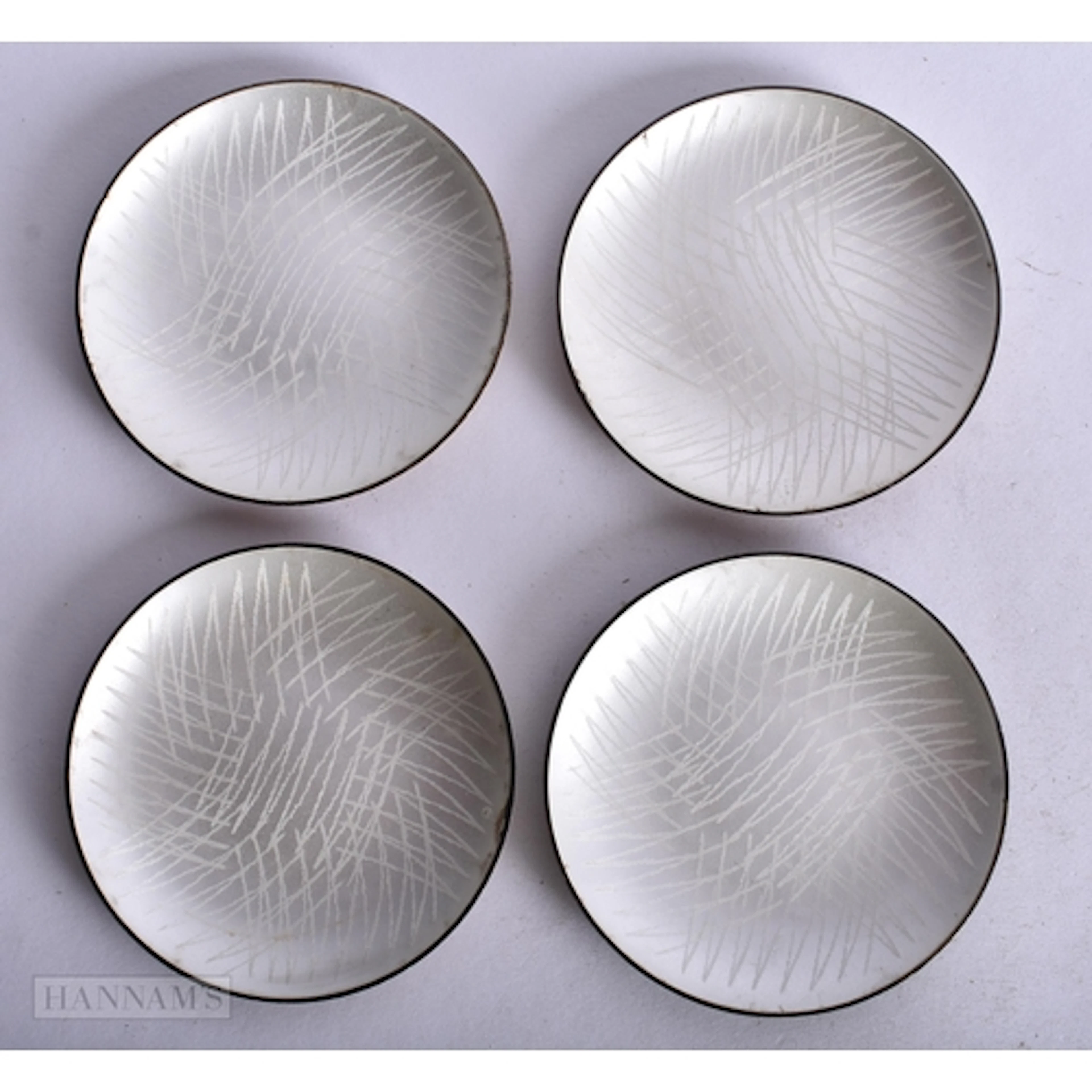 FOUR SILVER AND ENAMEL DANISH DISHES. 0.7 x 7.6 cm. 182.4 gr...