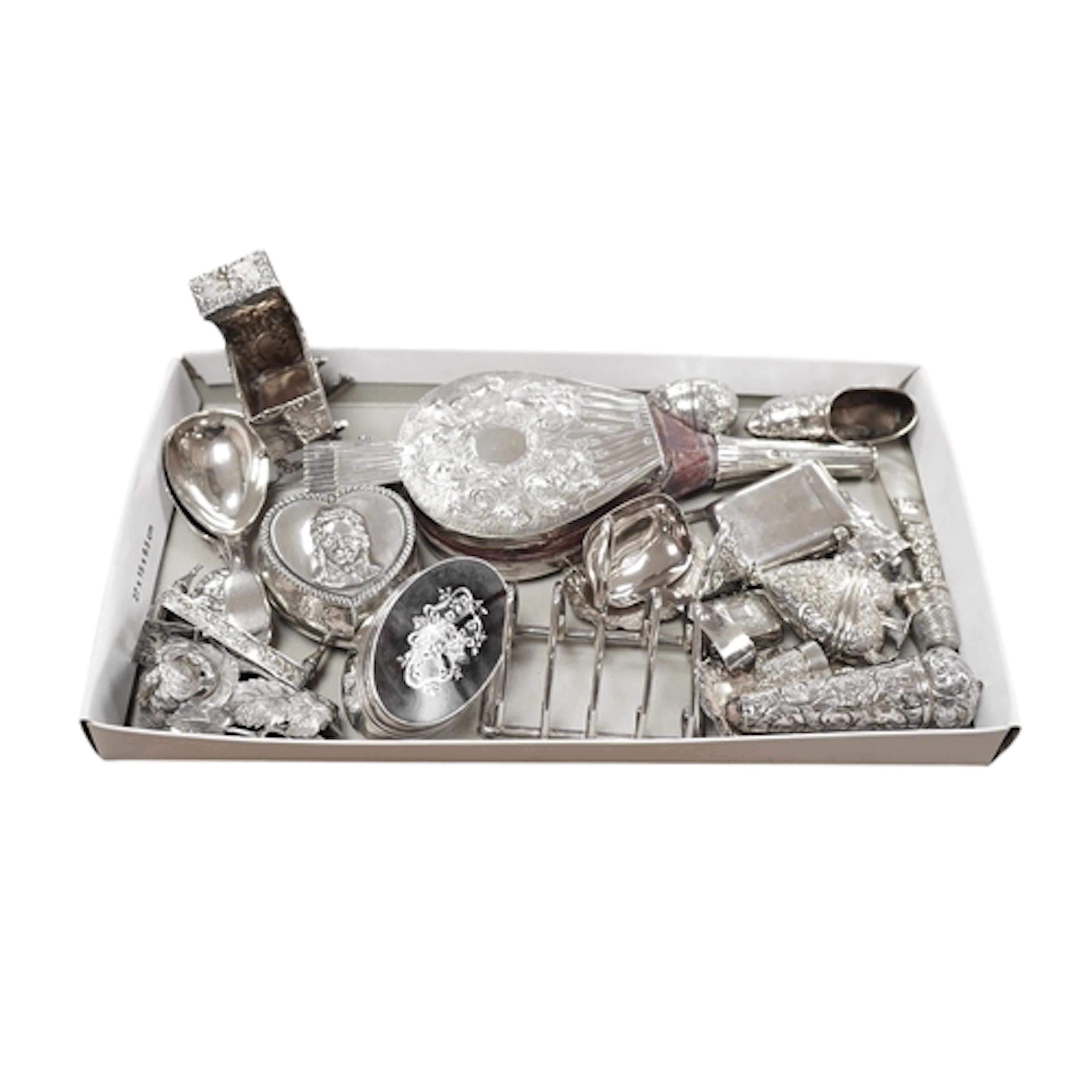 A group of assorted silver collectables including a miniatur...