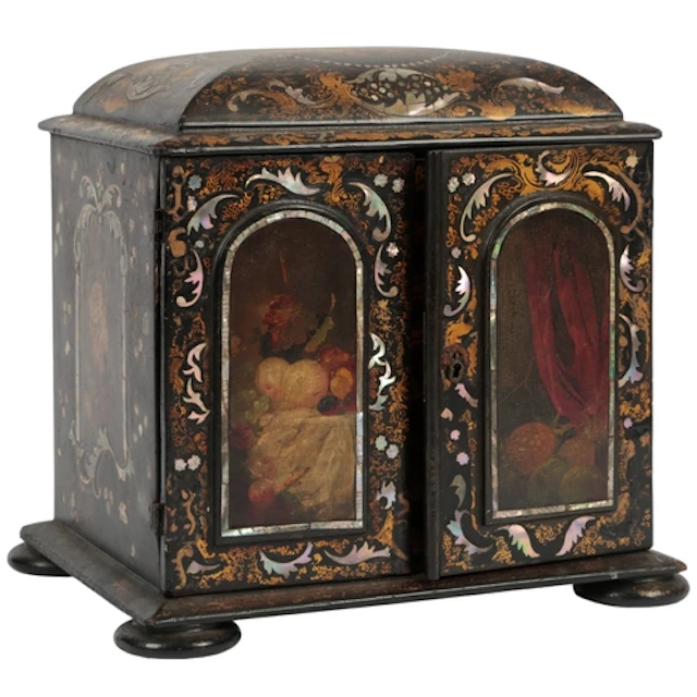 A Victorian mother of pearl and abalone inlaid painted papie...