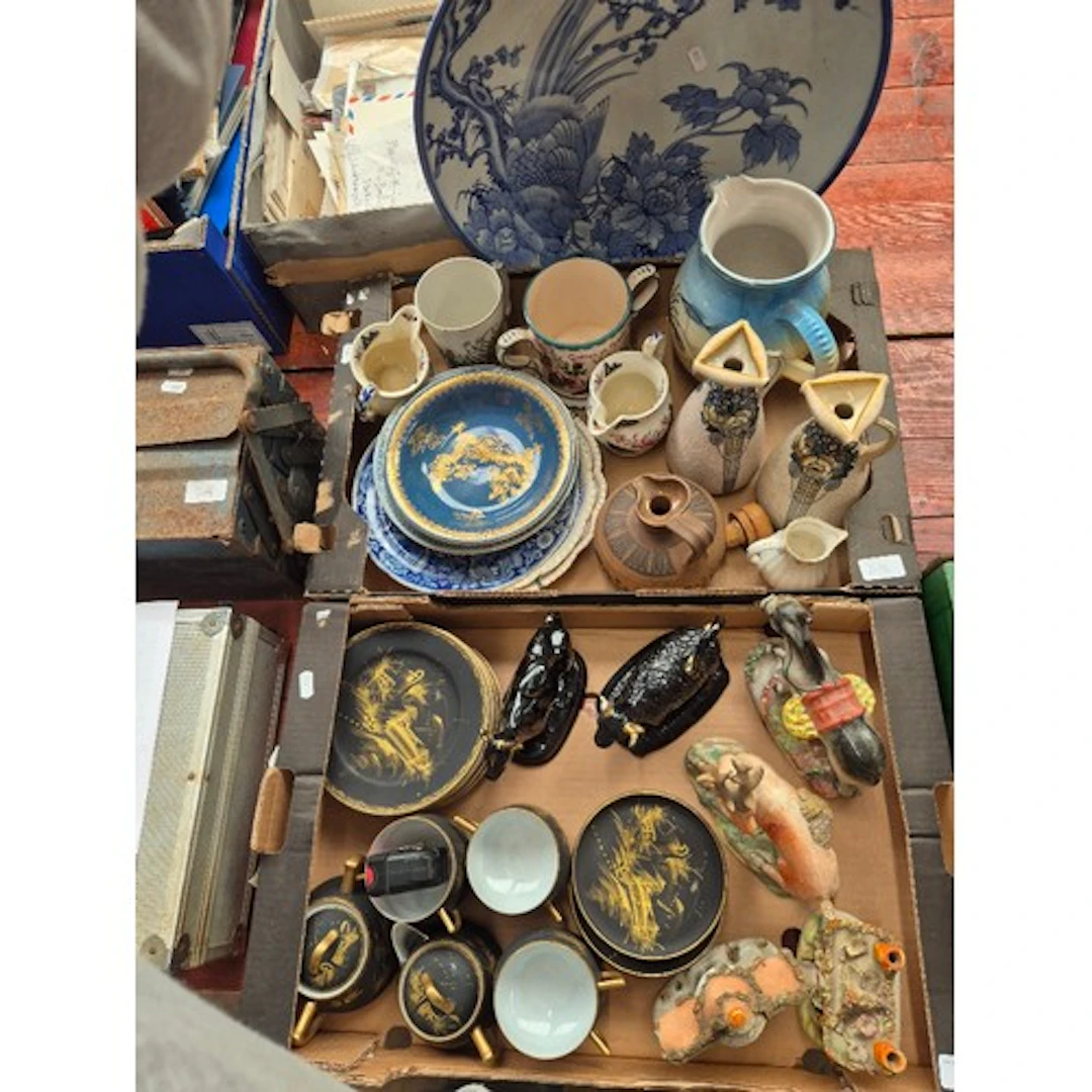 2 boxes of ceramics to include vintage Staffordshire stag, o...