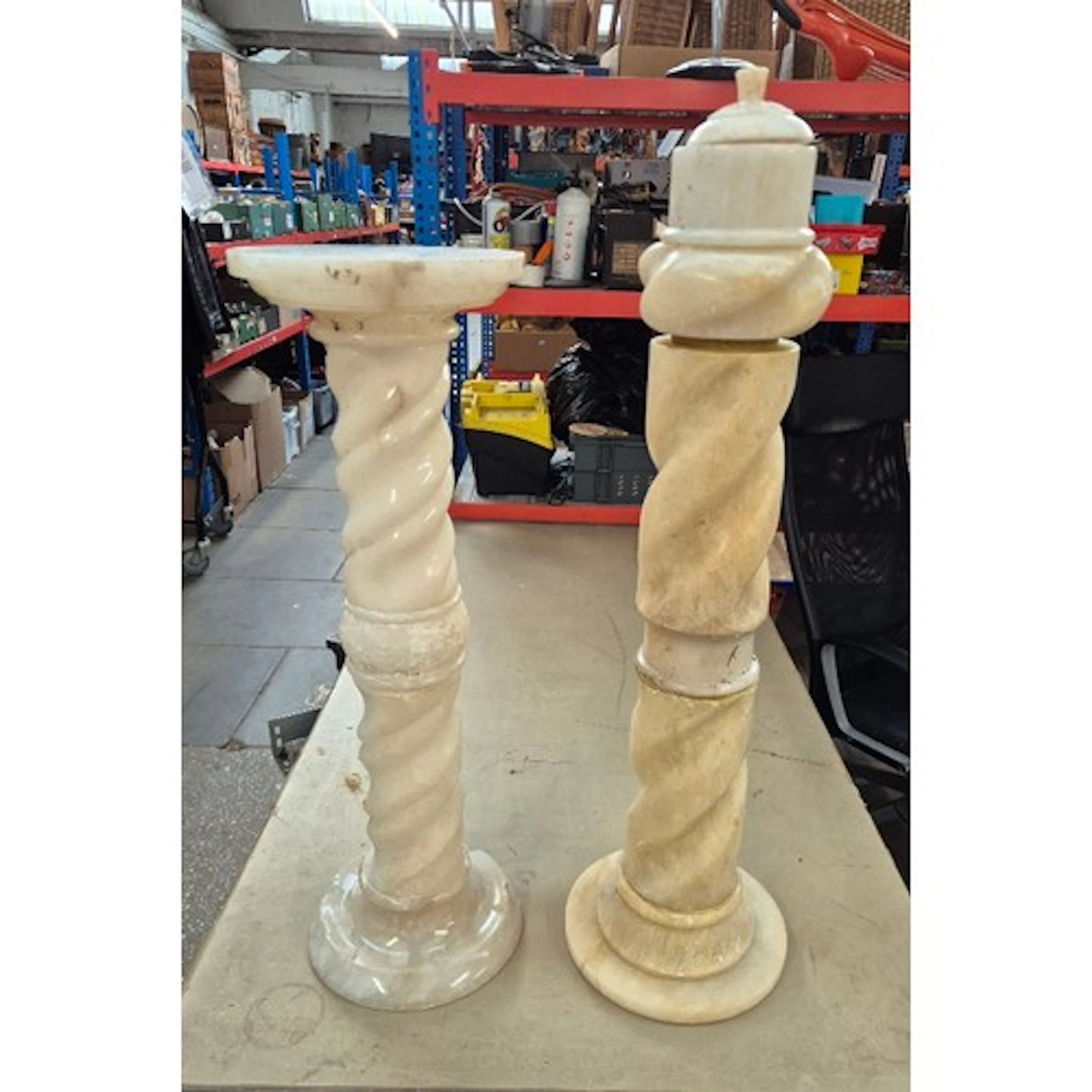 Two alabaster columns, sold as seen, some parts not matched.