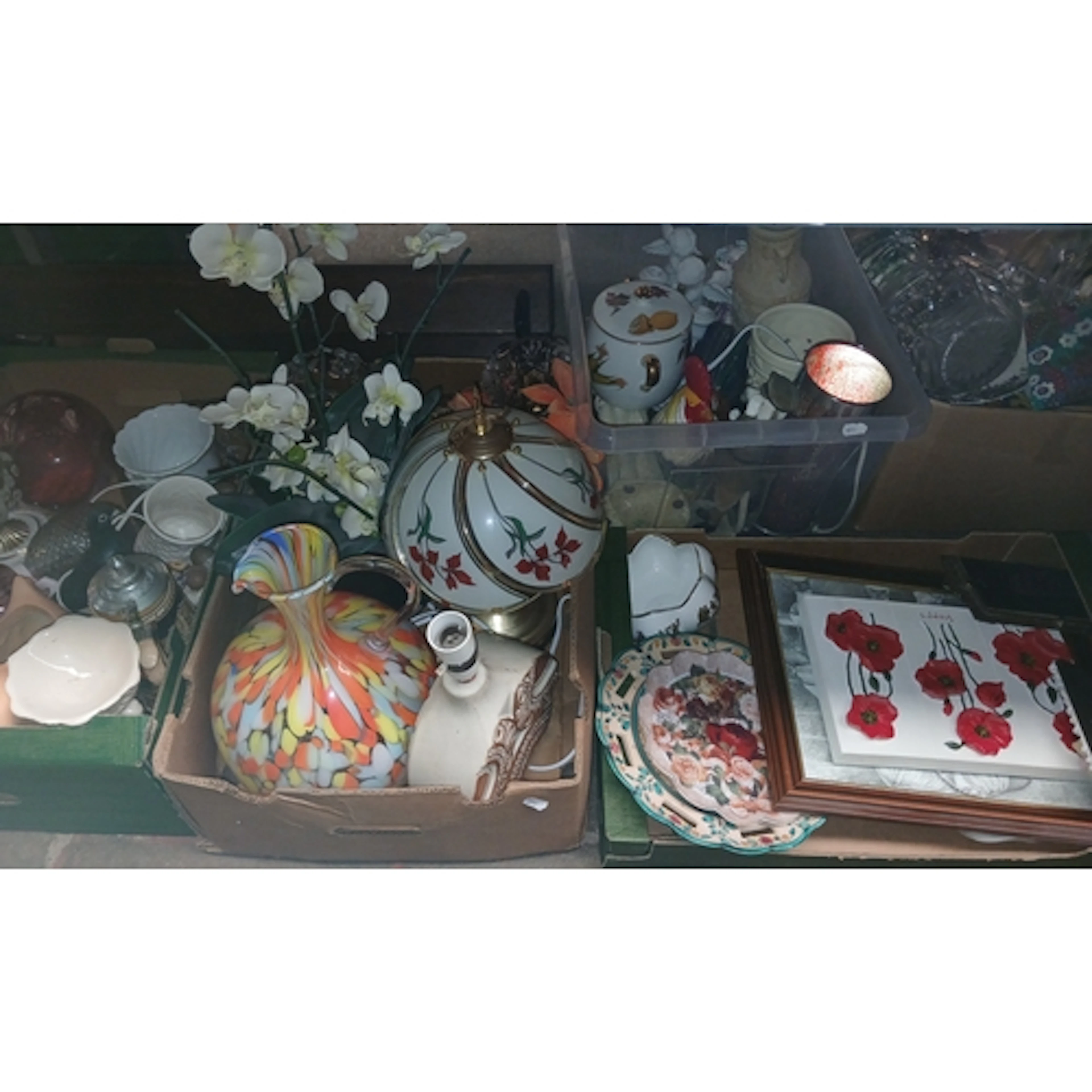 5 boxes of mixed ceramics and glass including glass vases, f...