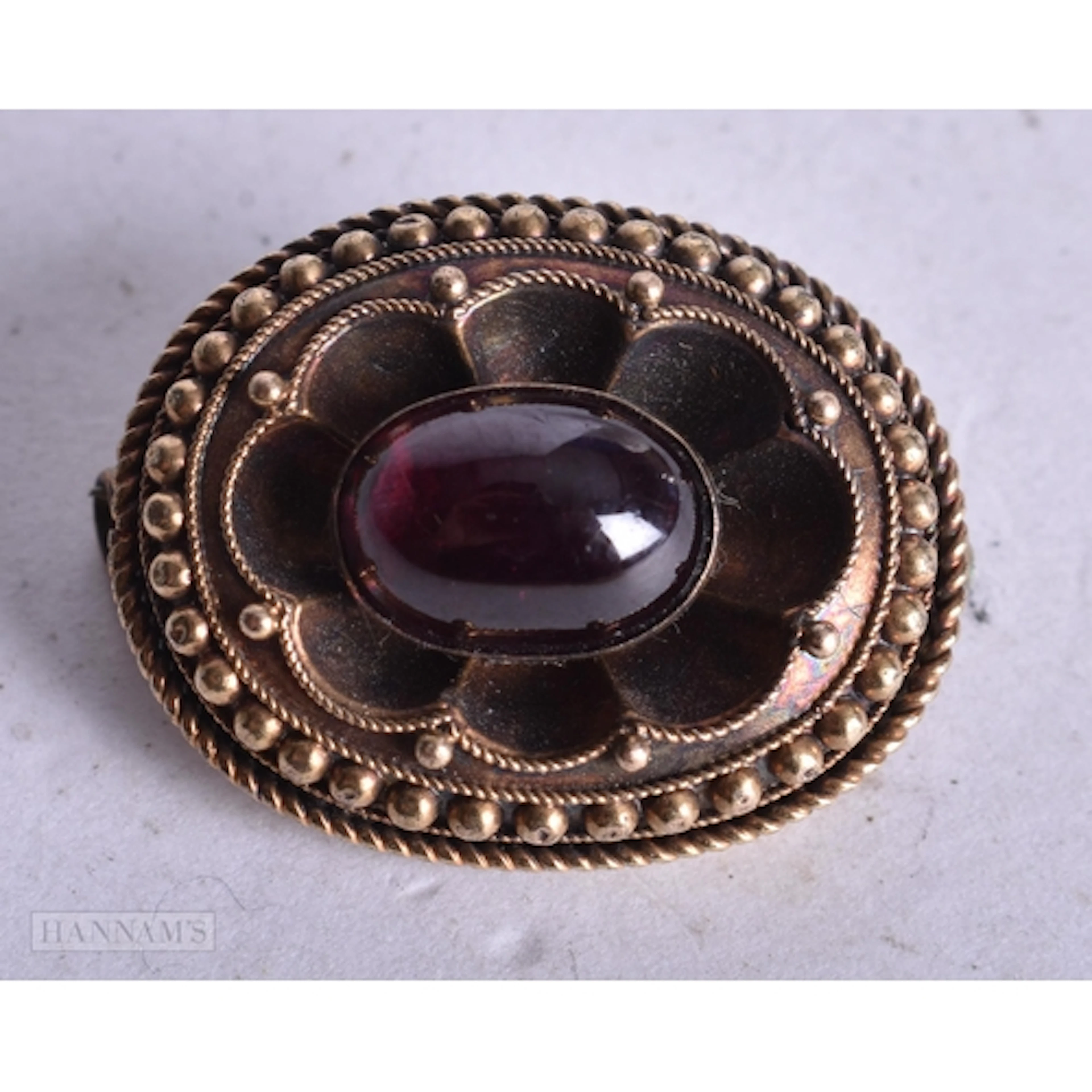15ct gold cabochon garnet brooch with embroidery back panel ...