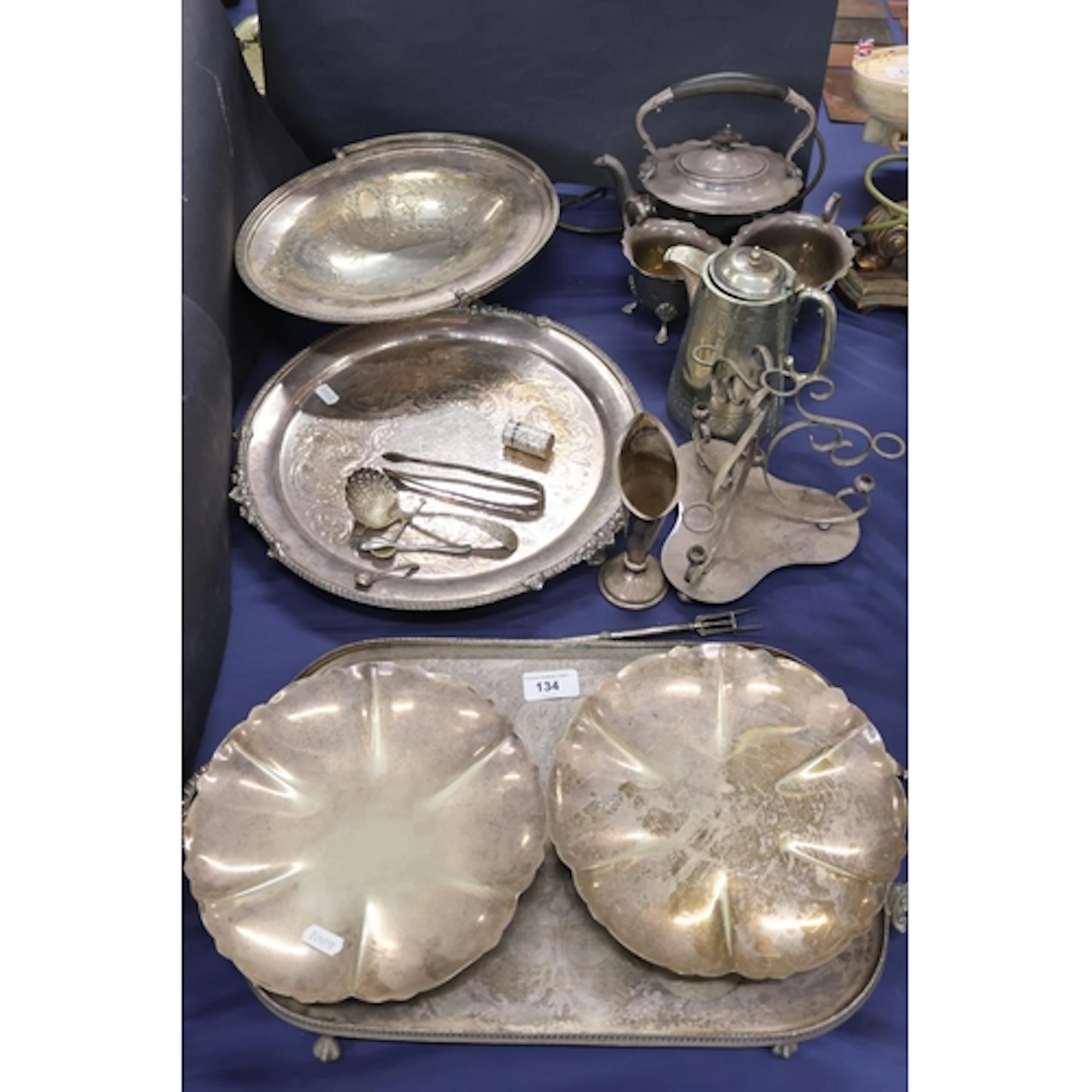 EPNs tray and two scalloped dishes, part teaset, trays, etc.