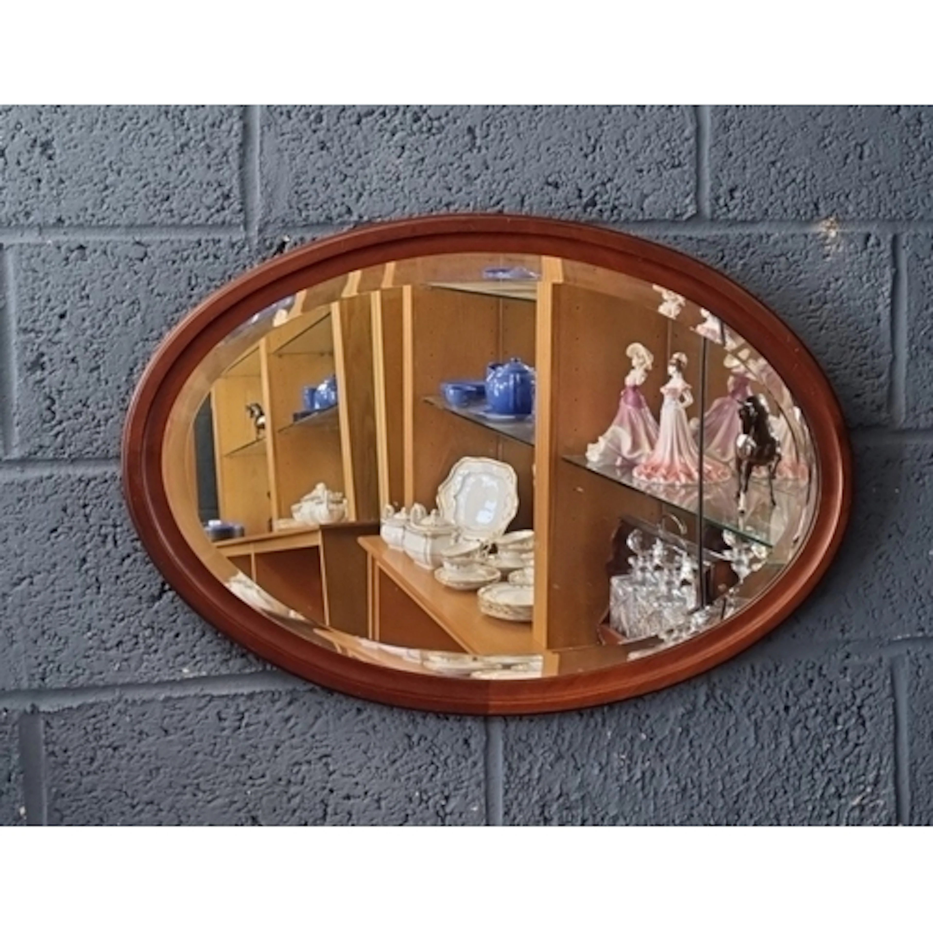 Mahogany Oval Bevelled Wall Mirror, H: 50cm X W: 74cm.