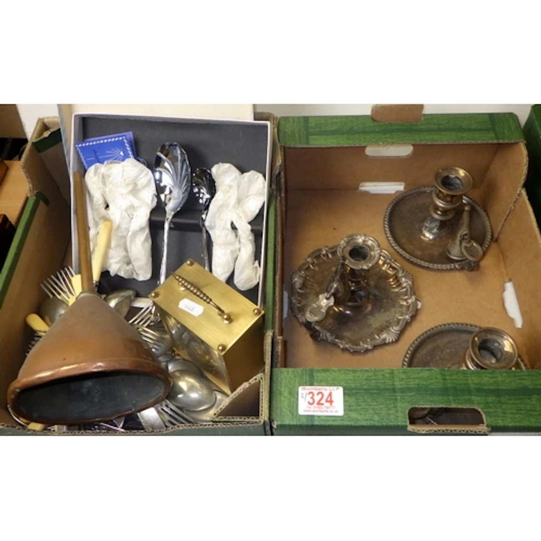 A group of three silver plated chamber candle stands togethe...