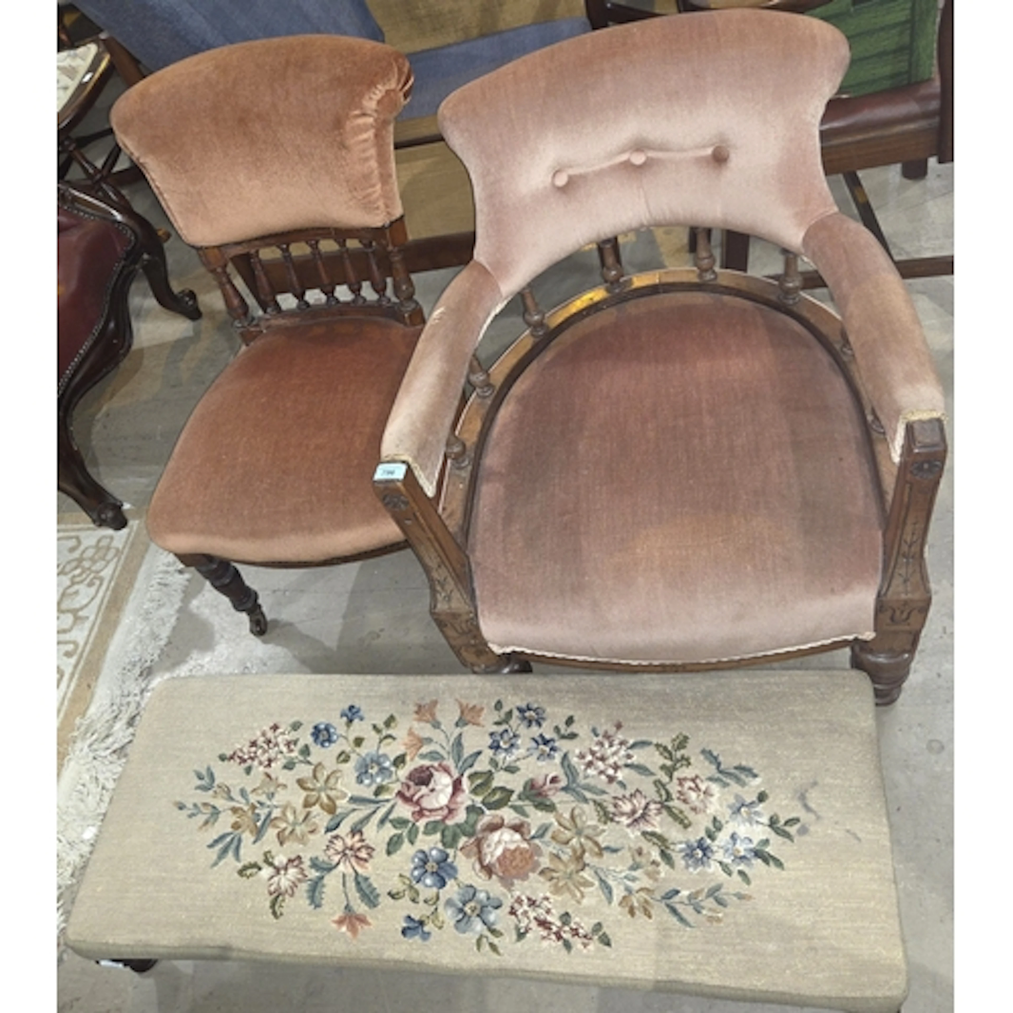 A tapestry kneeling stool, an early 20th century tub chair a...