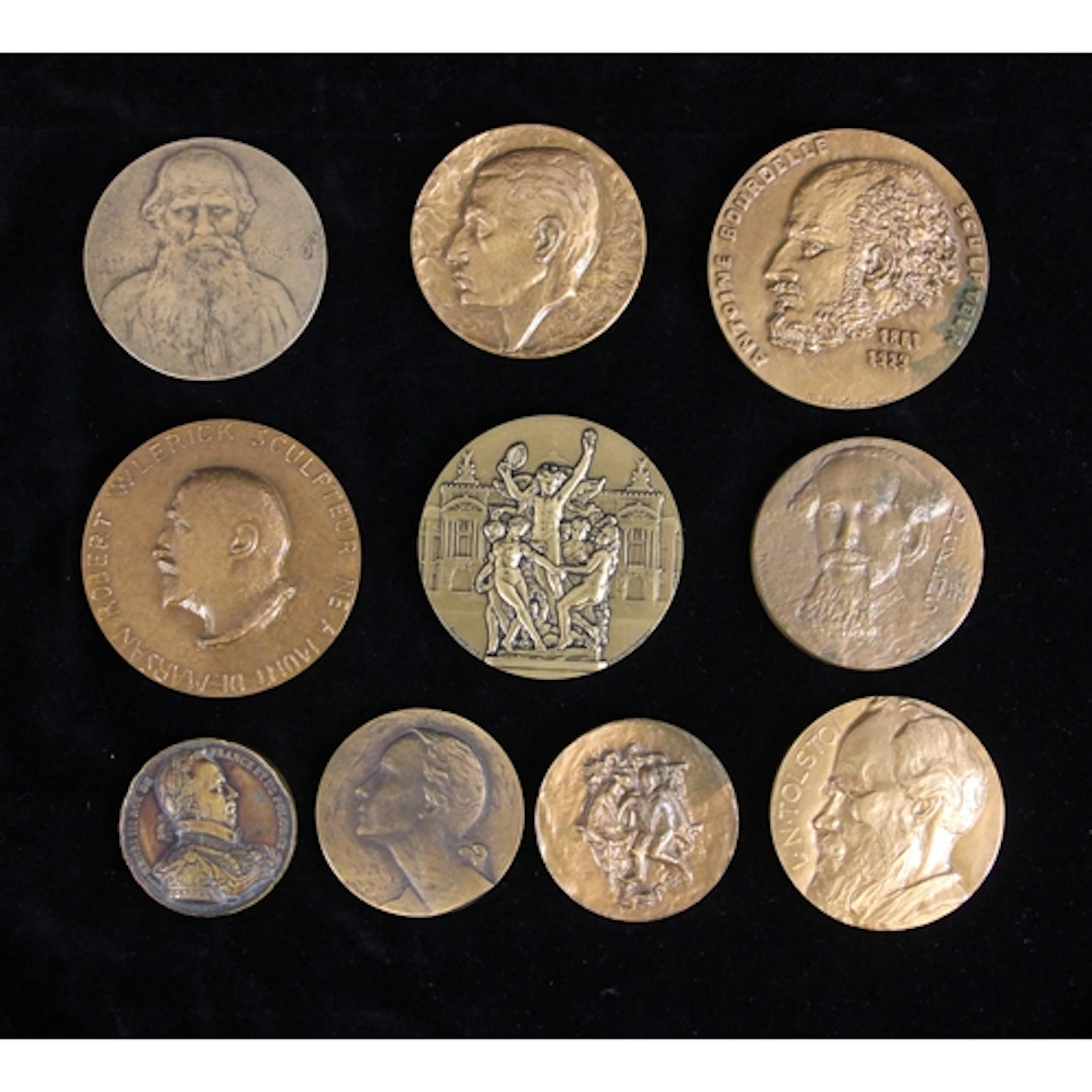 Ten bronze medallions commemorating various literary and art...
