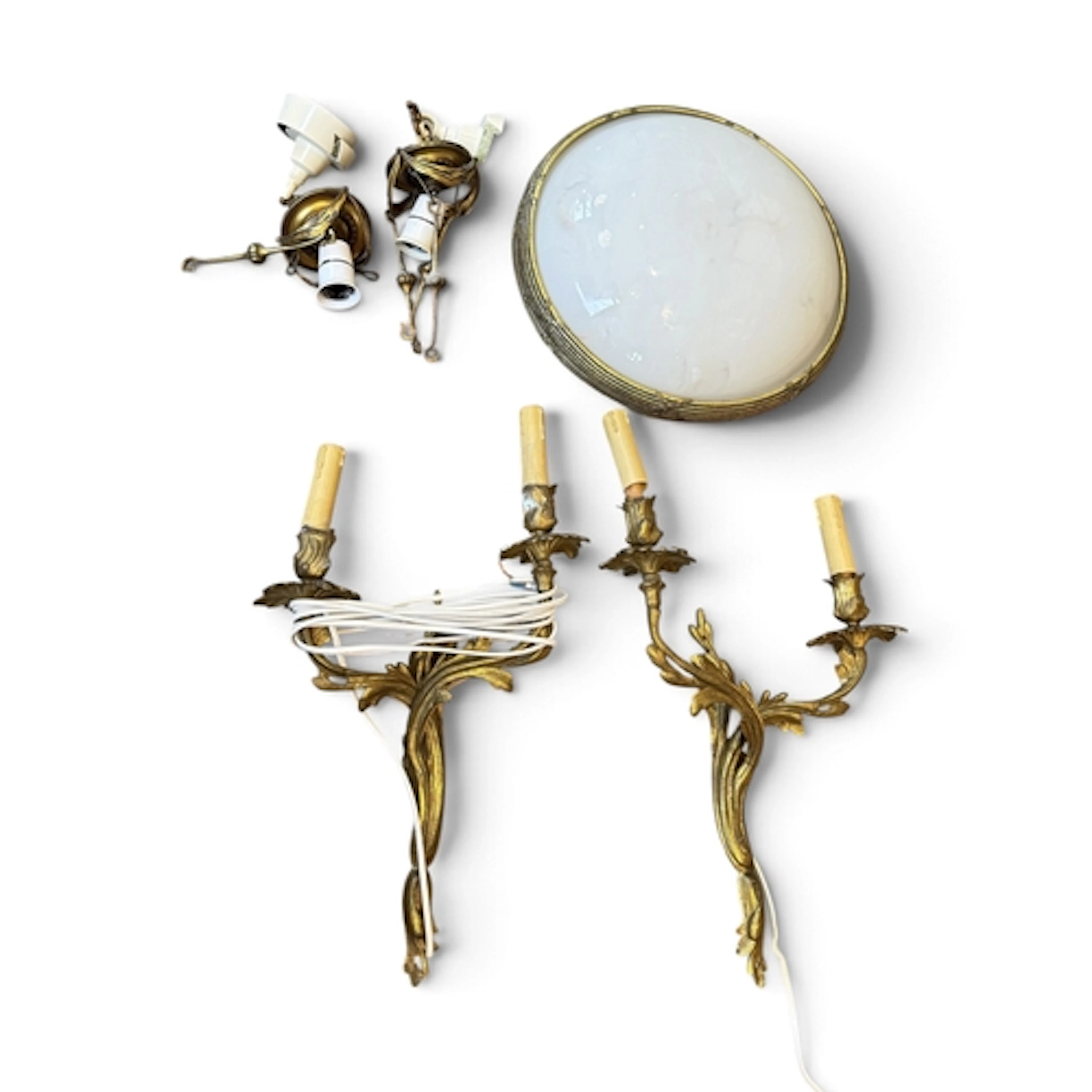 A PAIR OF FRENCH GILT METAL MOUNTED OPALINE GLASS PLAFONNIER...