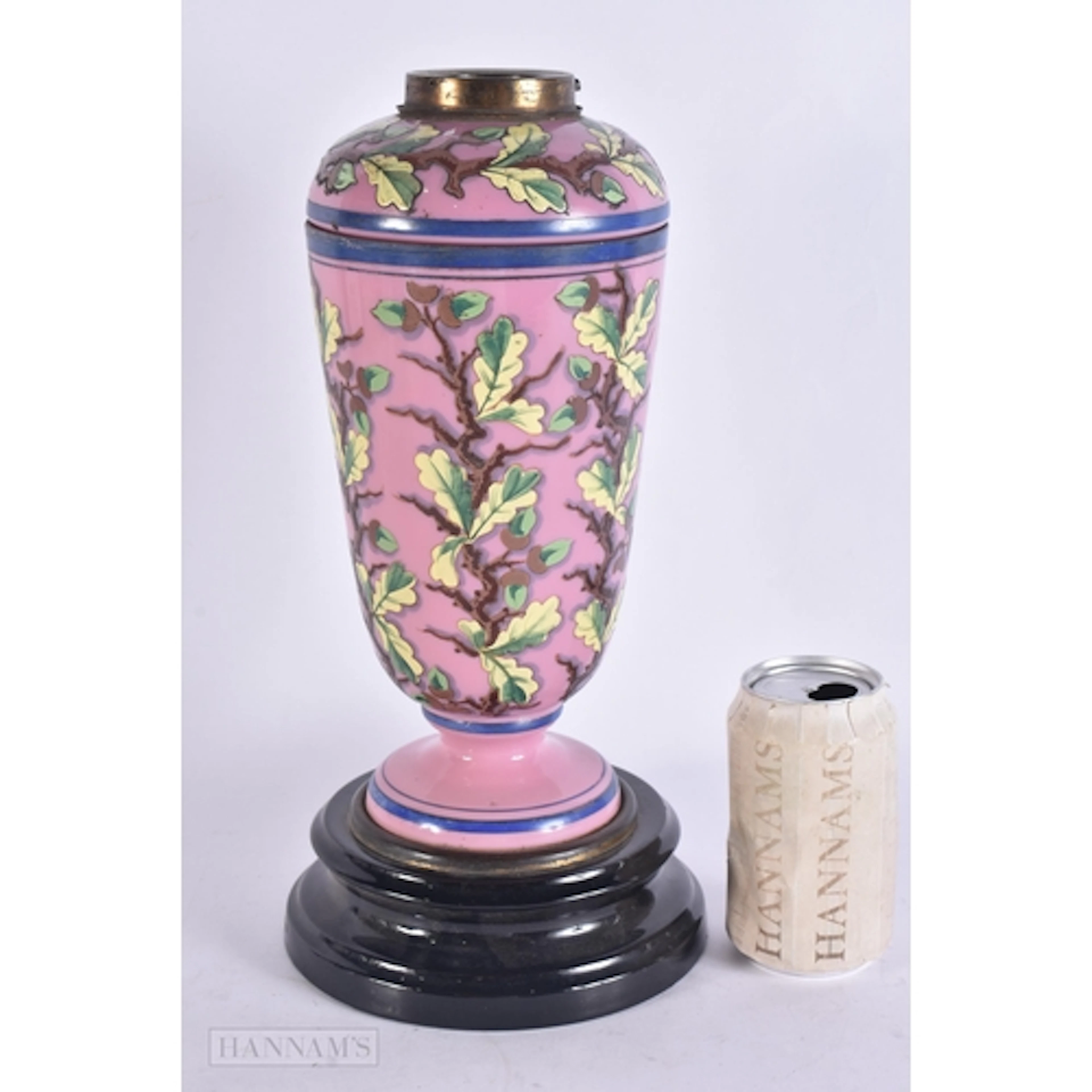 A VICTORIAN PINK OPALINE ENAMELLED GLASS OIL LAMP BASE. 35 c...