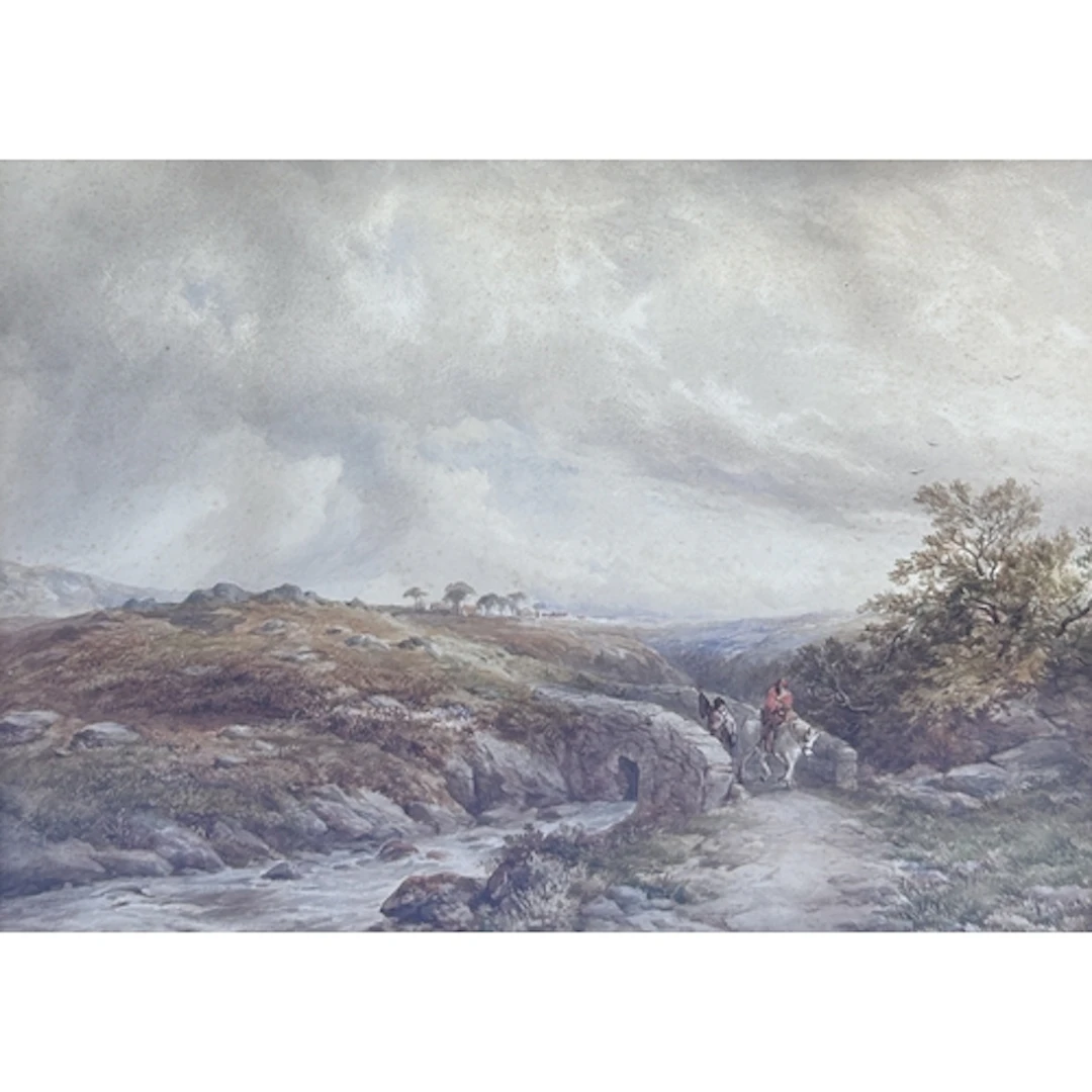19TH CENTURY ENGLISH SCHOOL: A LANDSCAPE WITH FIGURES ON HOR...