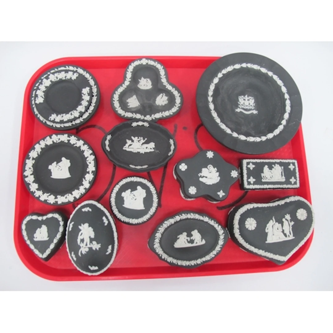 Black Wedgwood Jasper Ware - seven trinket boxes including h...