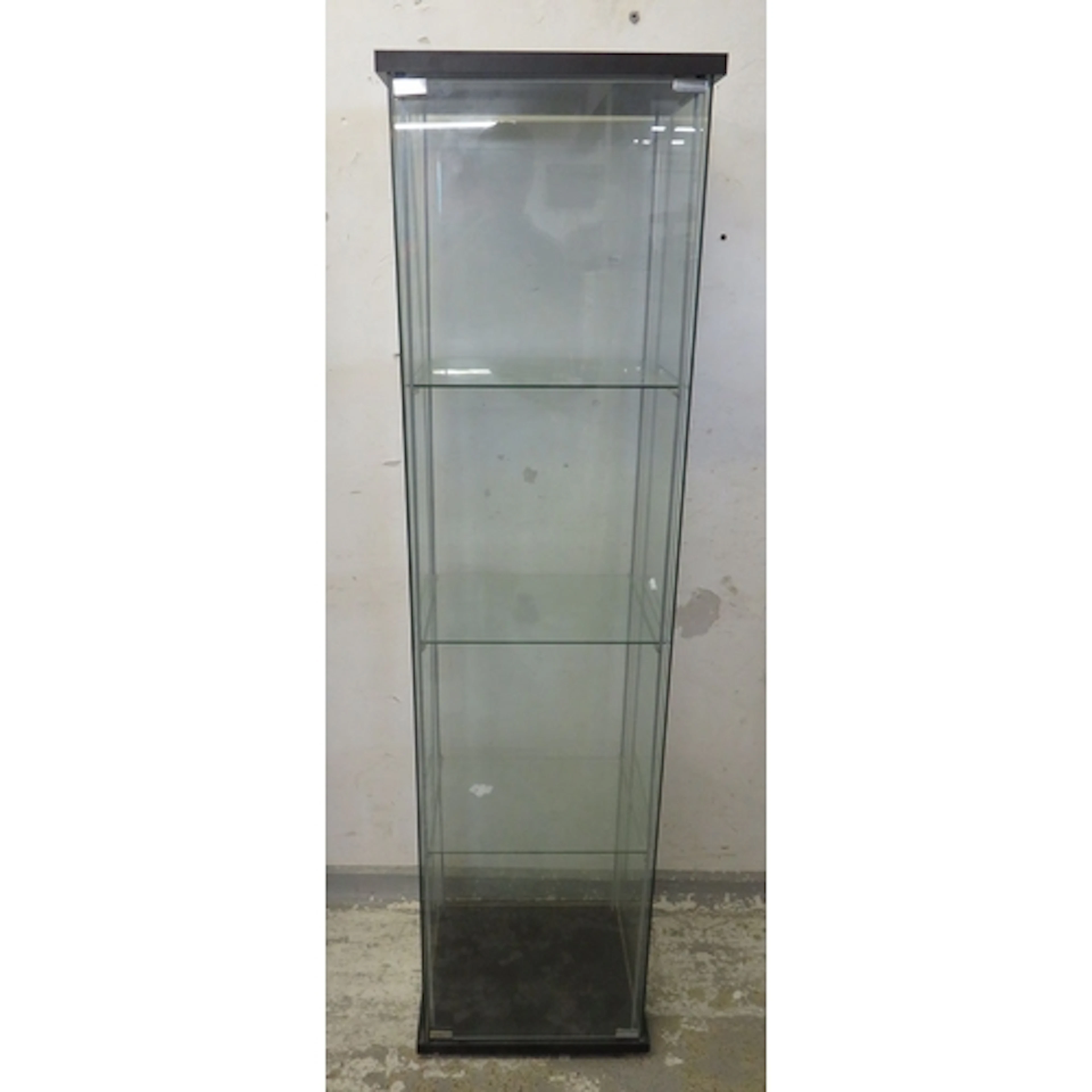 3 Tier Glass Display Cabinet, black wooden base & top, chrom...