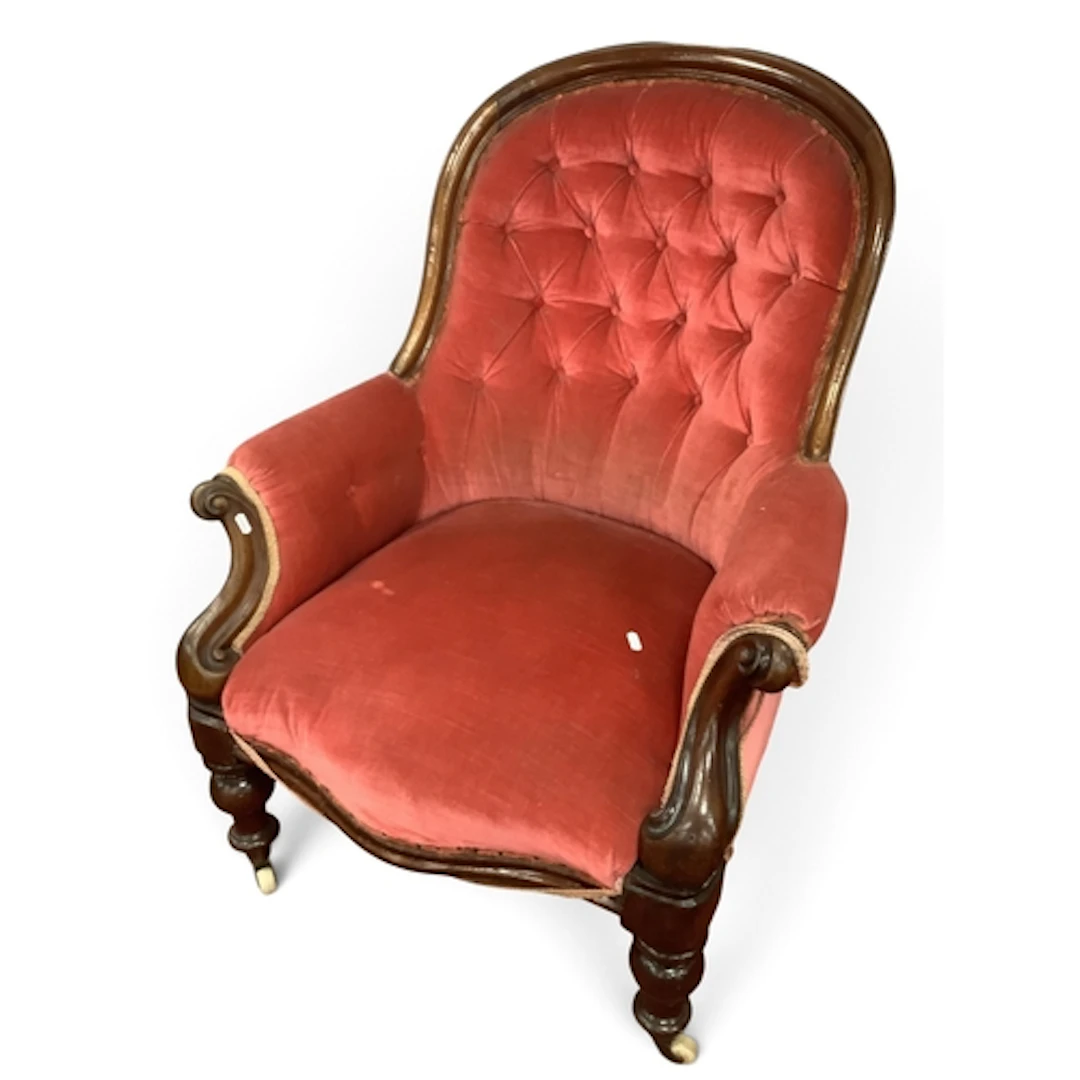 XIX Century Framed Spoon Back Easy Chair, with scroll hand r...