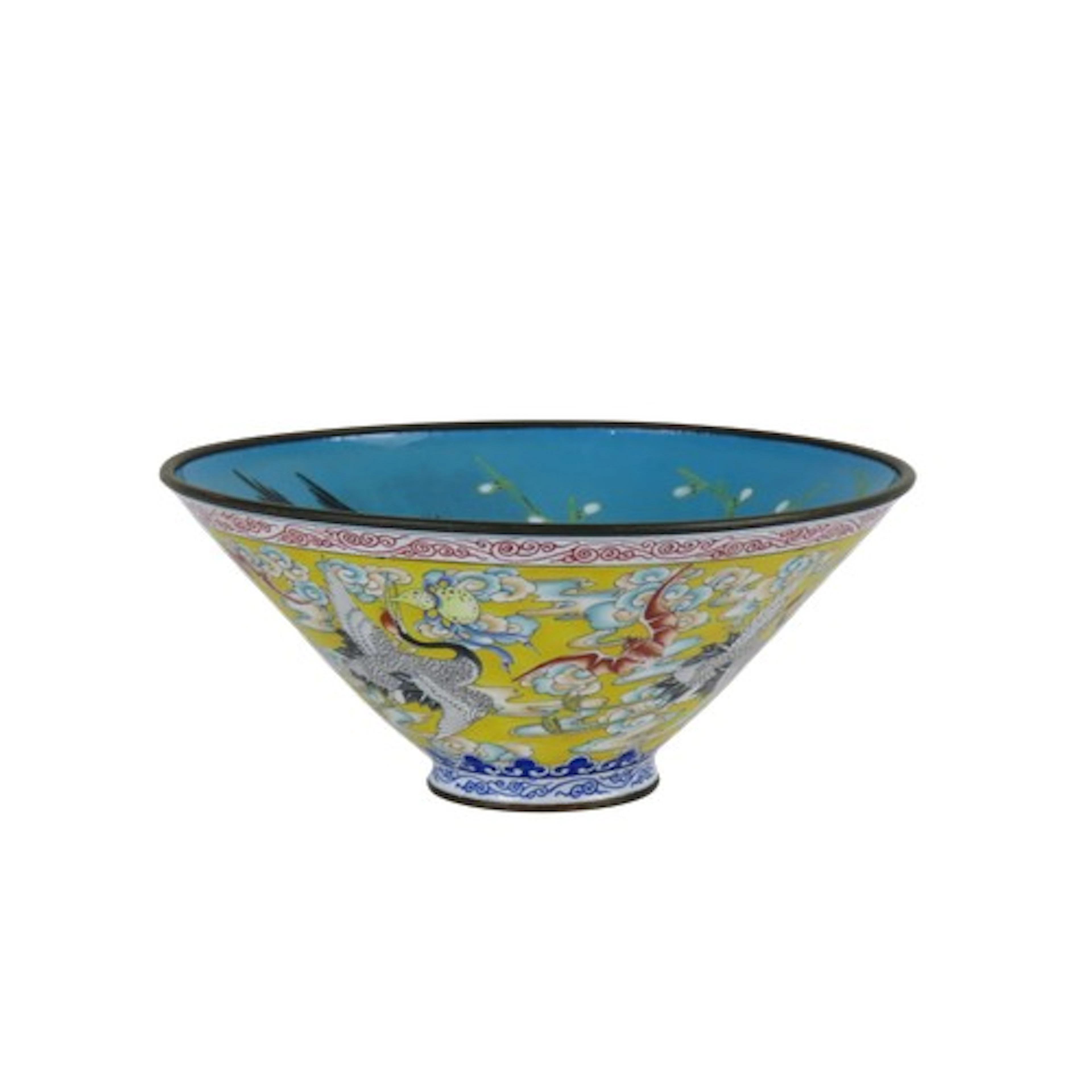 A CANTON ENAMEL 'BATS AND CRANES' CONICAL BOWL DAOGUANG MARK...