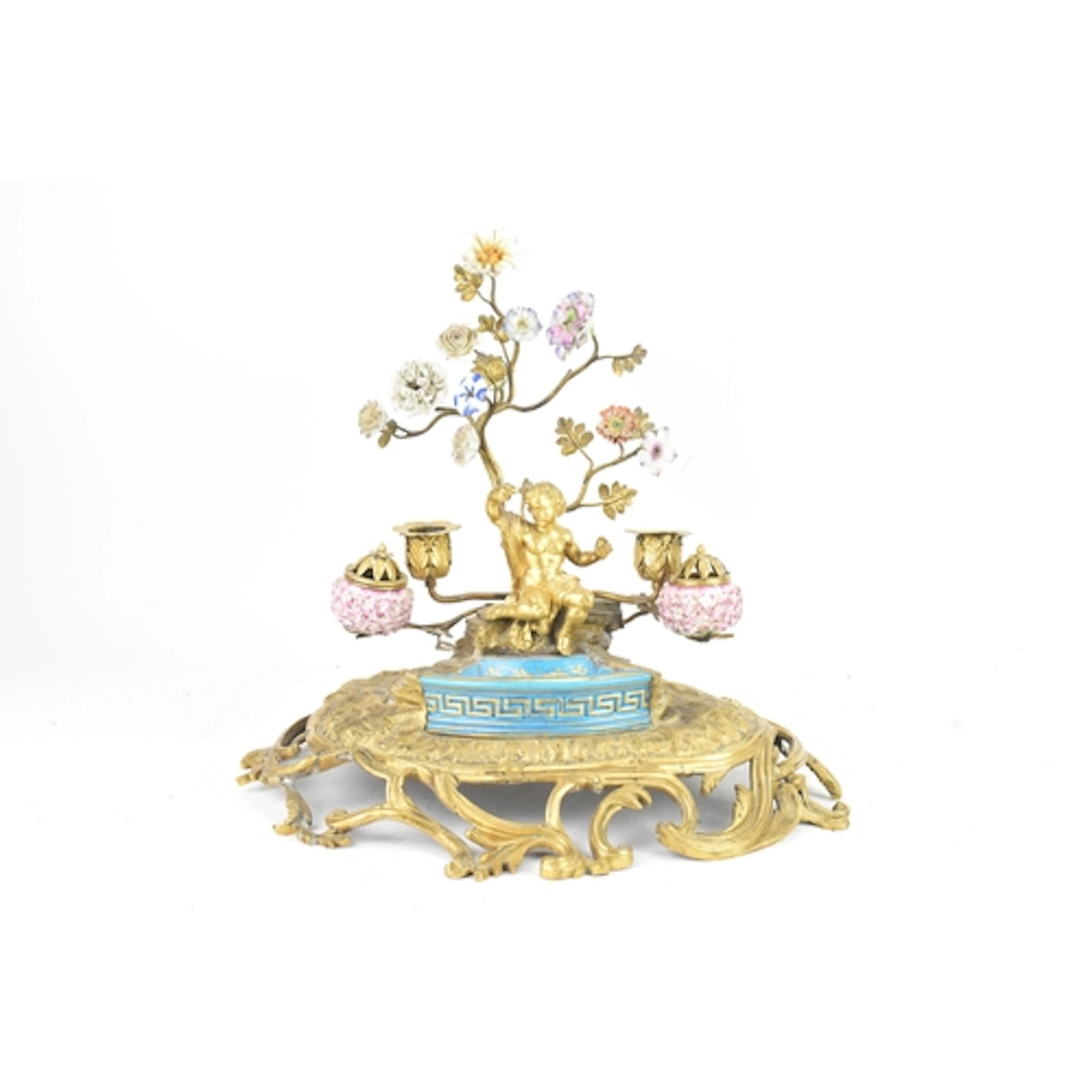 A 19th century French gilt metal and porcelain mounted inkst...