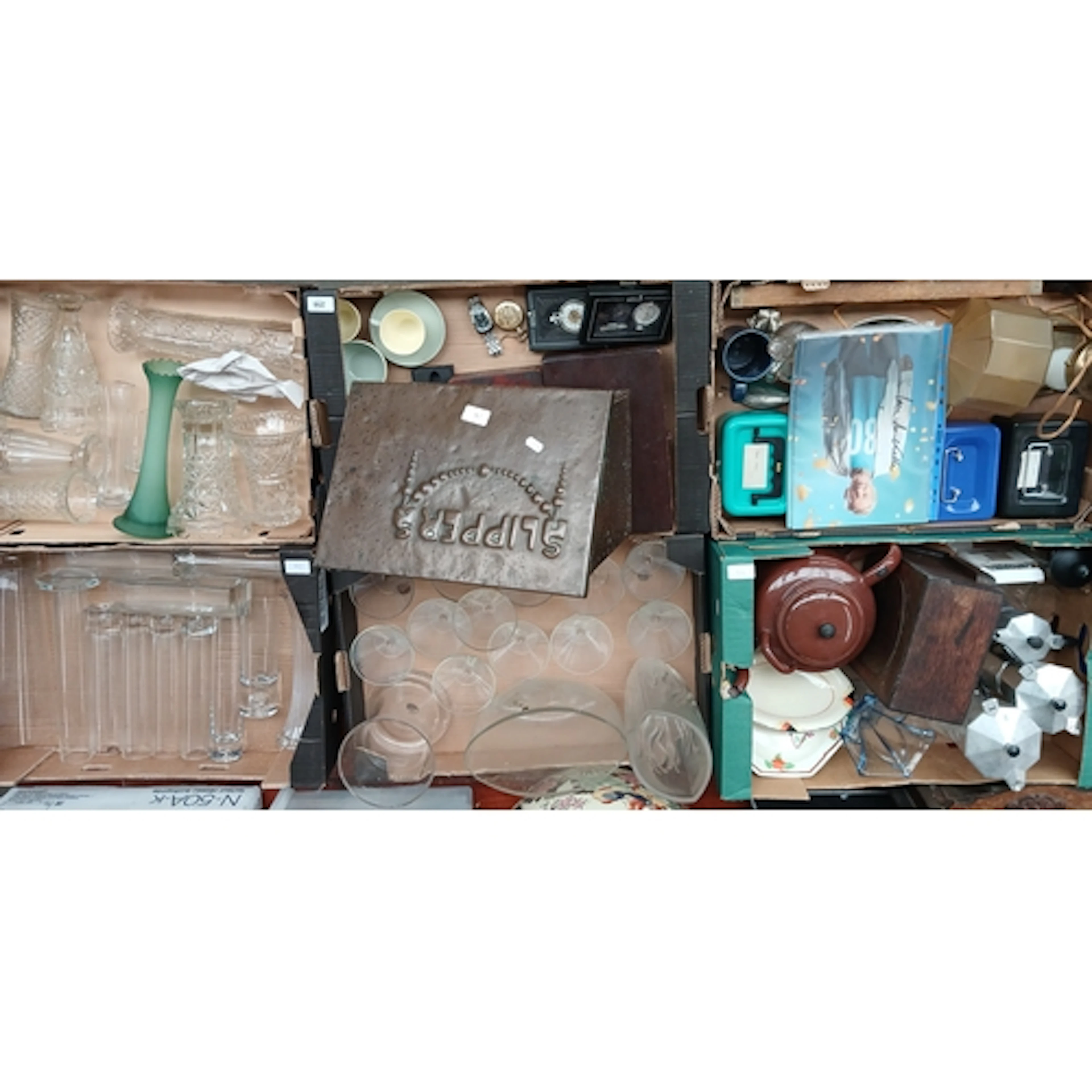 6 boxes of mixed items including 3 boxes of glass vases, cry...