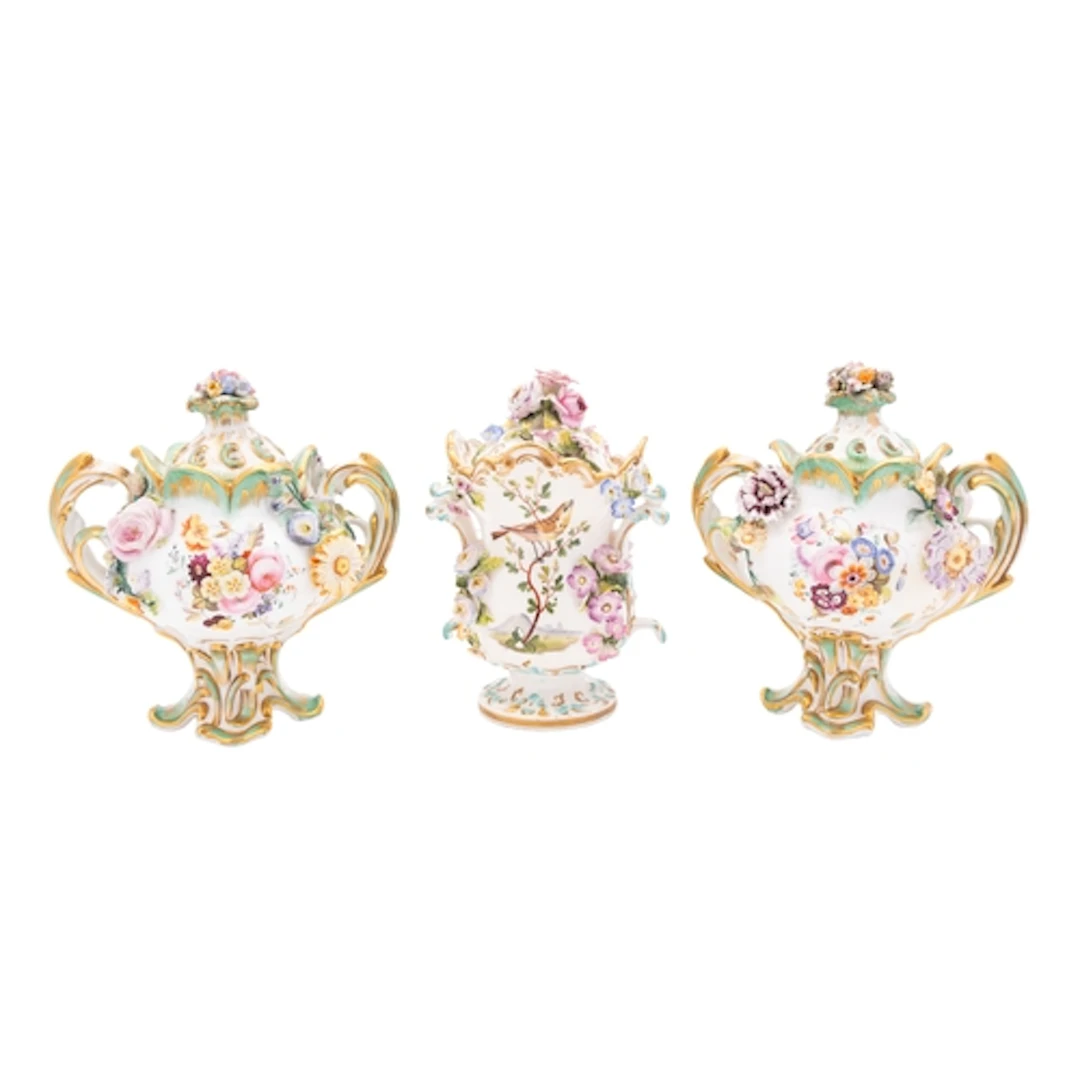 A pair of small Coalbrookdale two-handled pot-pourri vases a...
