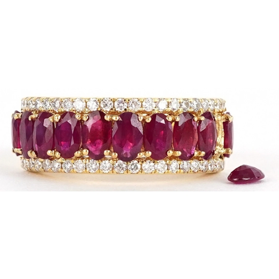 18ct gold oval ruby and diamond three row half eternity ring...